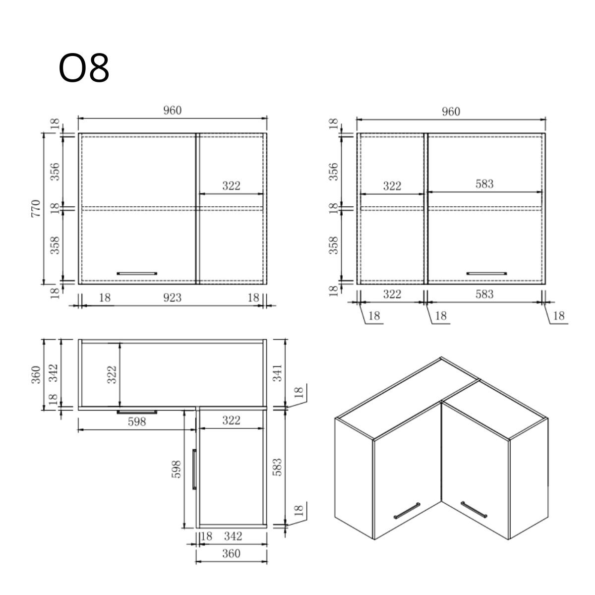 Diagramm von Küchenschränken mit Maßen. Oben links: zwei Türen. Oben rechts: zwei Türen. Unten links: L-förmig.