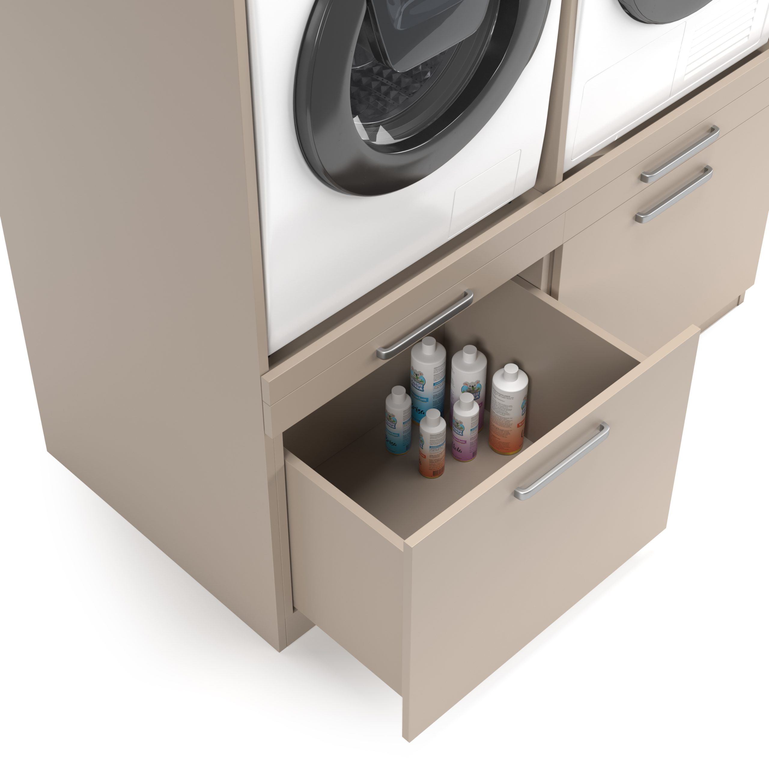 Offene Schublade mit Flaschen Waschmittel, unter einem Waschmaschinen- und Trockner-Set. Der Schrank ist hellbraun.