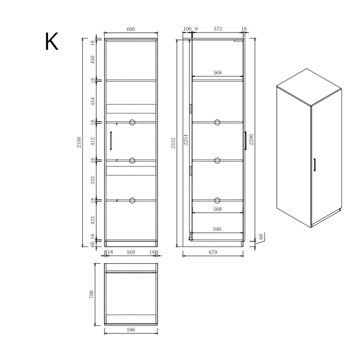 Diagramm eines Schranks mit Maßen. Seitenansicht, Vorderansicht und isometrische Ansicht.