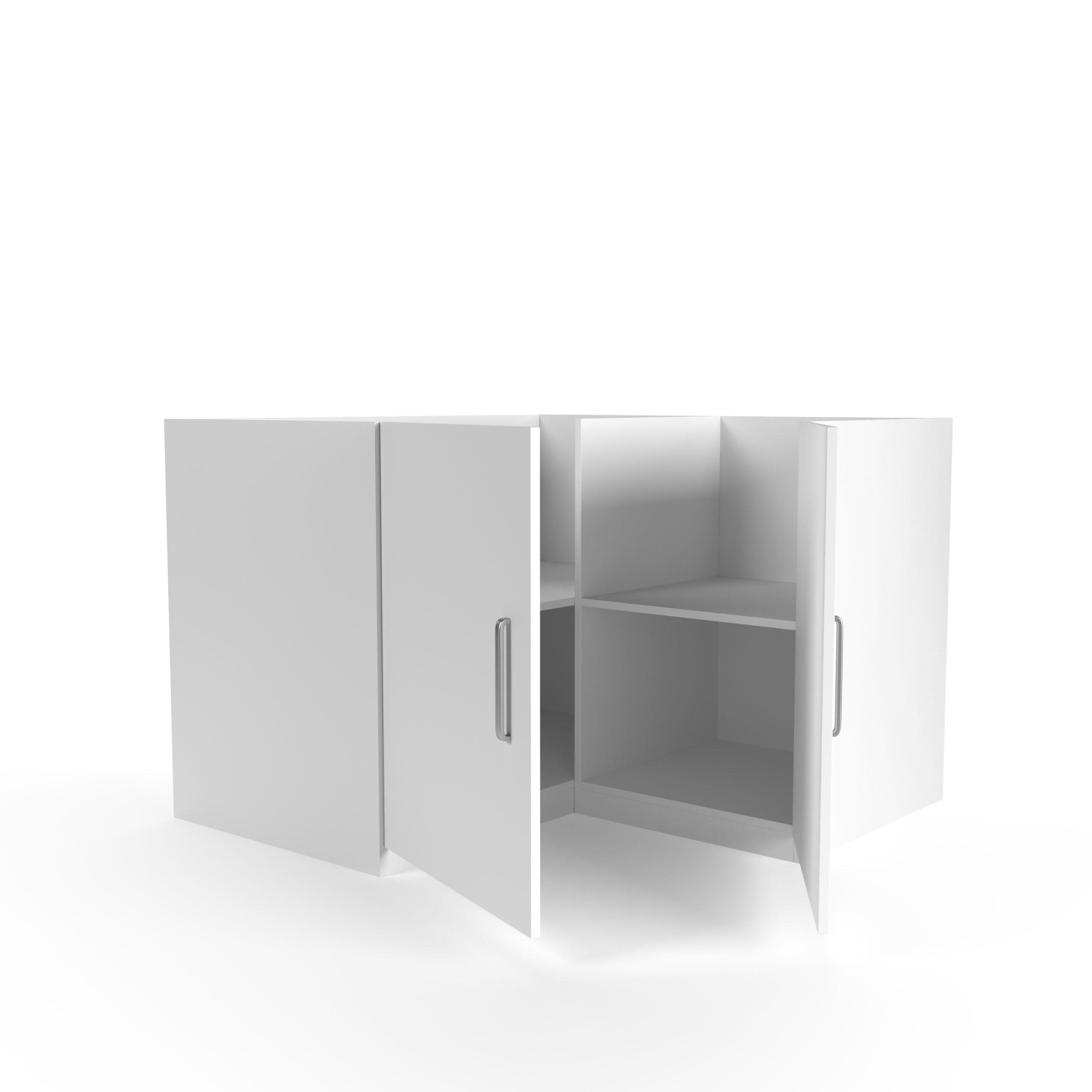 Weißer Eckschrank mit drei offenen Türen. Der Innenraum zeigt Regale.