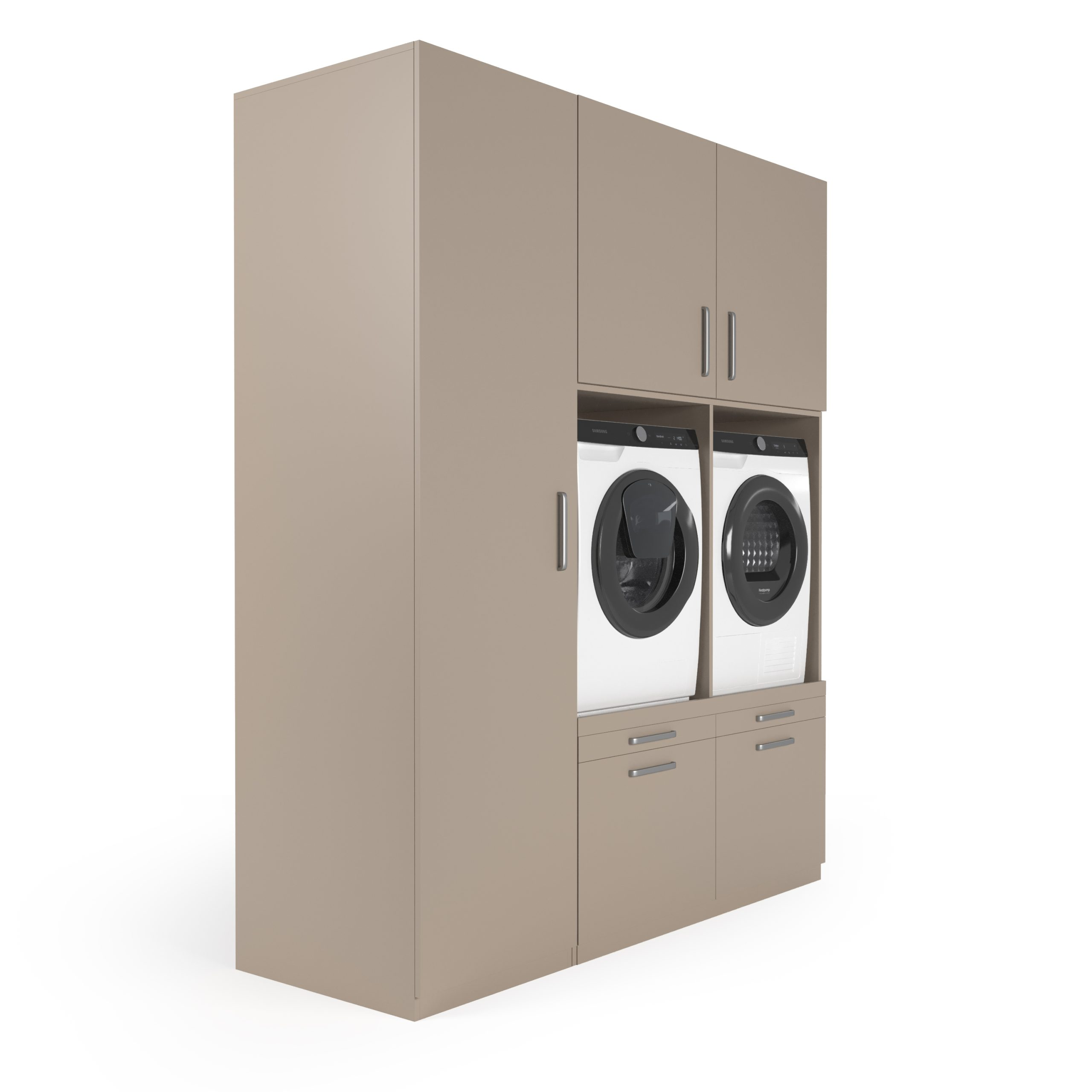 Beiger Waschmaschinenschrank mit Waschmaschine und Trockner, zwei Schubladen und Oberschränken.