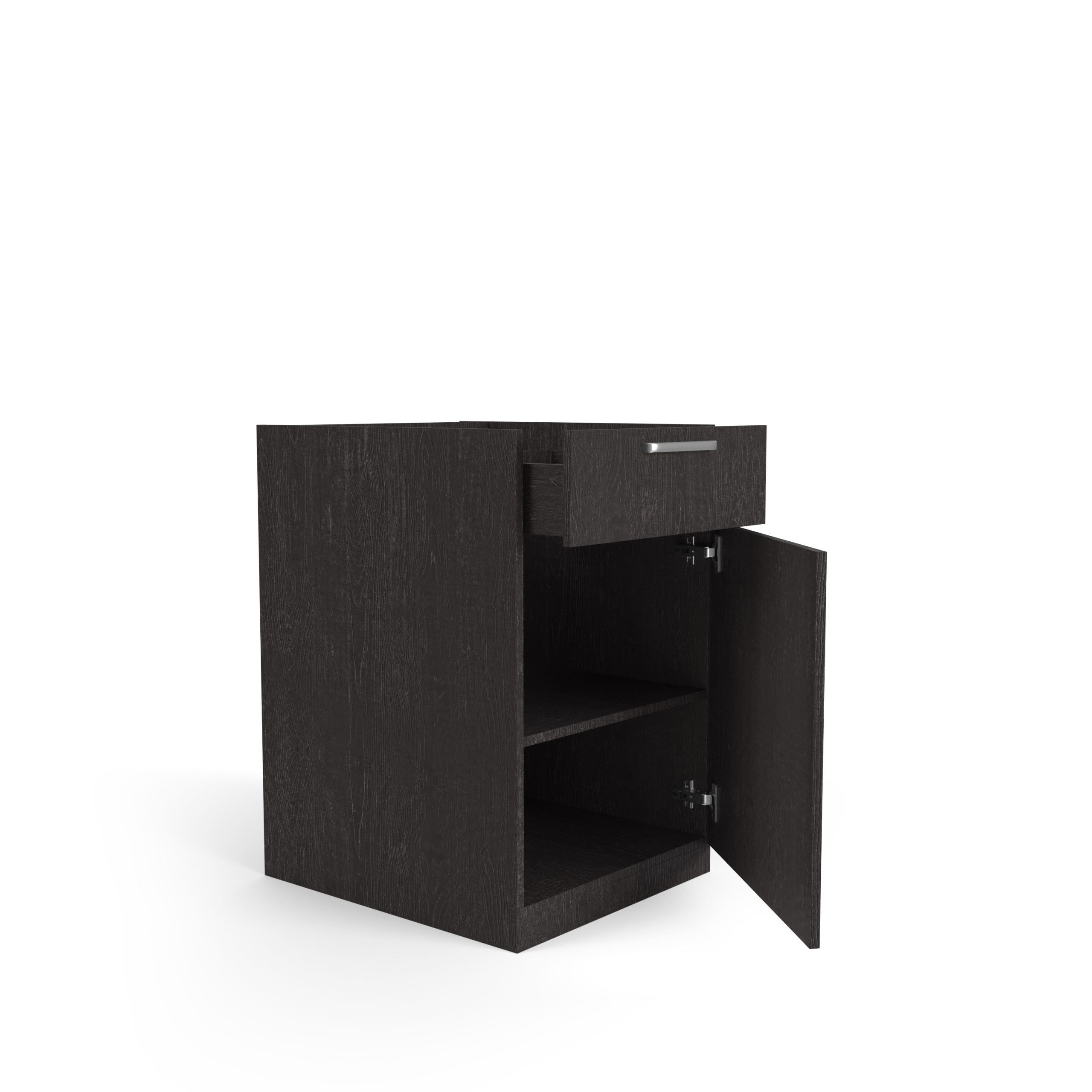 Dunkler Holzschrank mit offener Schublade und Tür. Innenansicht sichtbar. Weißer Hintergrund.
