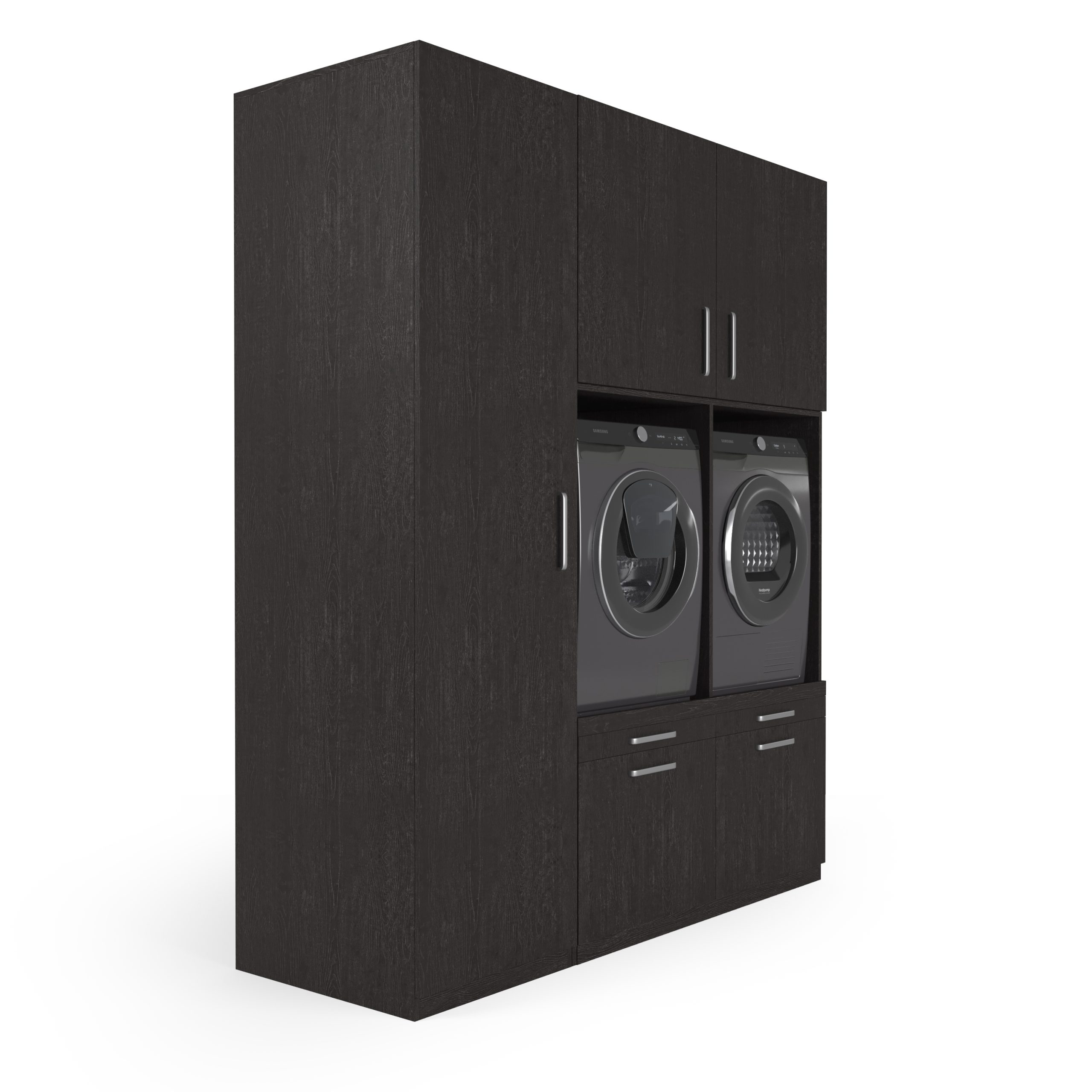 Dunkler Holz-Waschmaschinenschrank mit Waschmaschinen/Trocknern. Der Schrank hat eine flache Oberfläche.