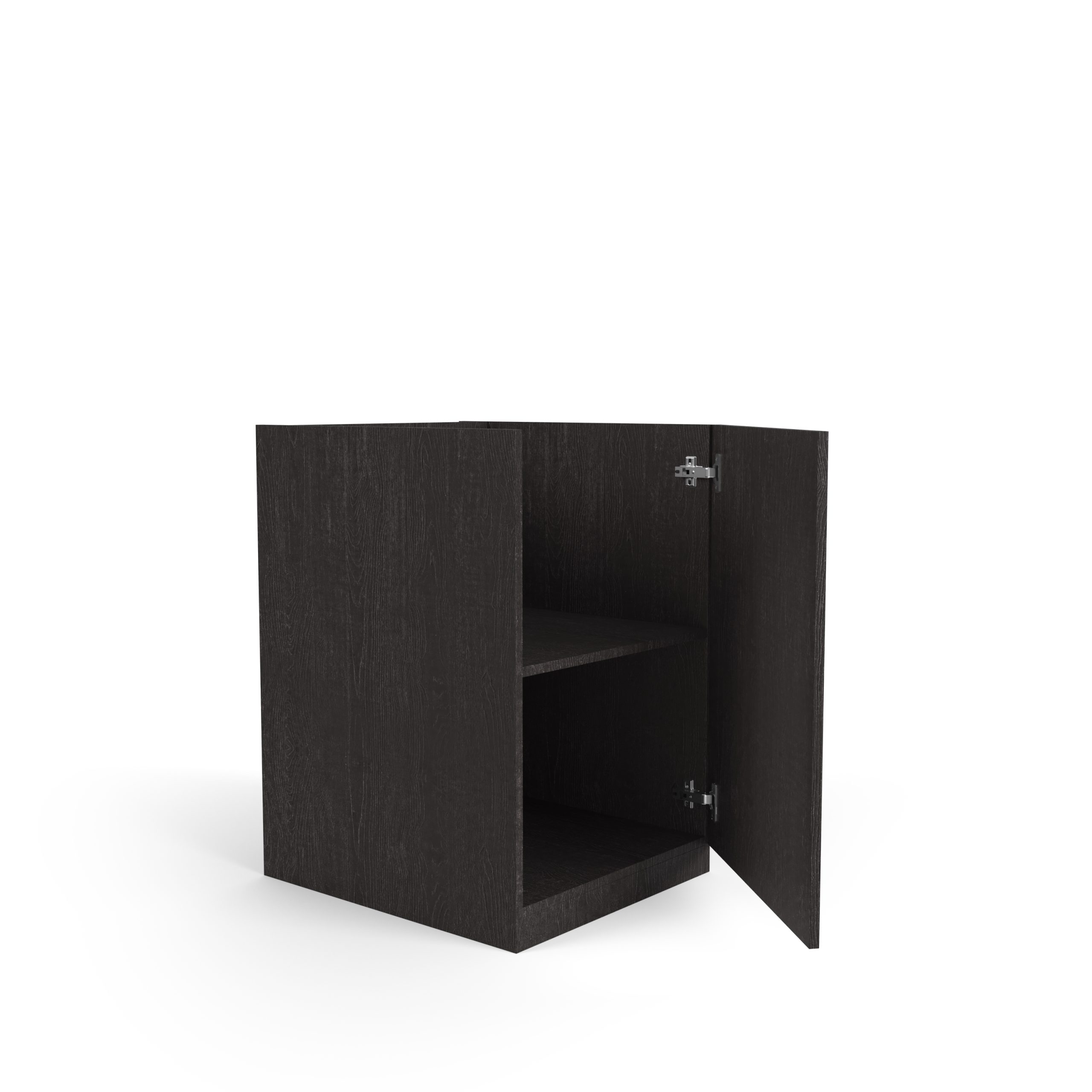 Dunkler Holzschrank, offene Tür, die ein leeres Regal zeigt. Weißer Hintergrund, einfaches Design.