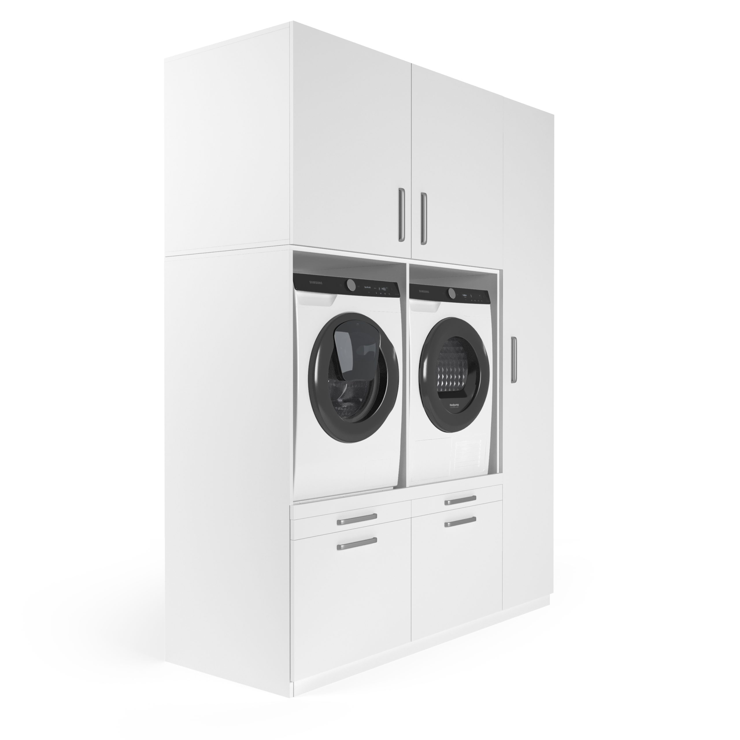 Weißer Waschmaschinenschrank, Waschmaschinen-/Trockner-Einheiten. Weißer Hintergrund, sauber, modern.