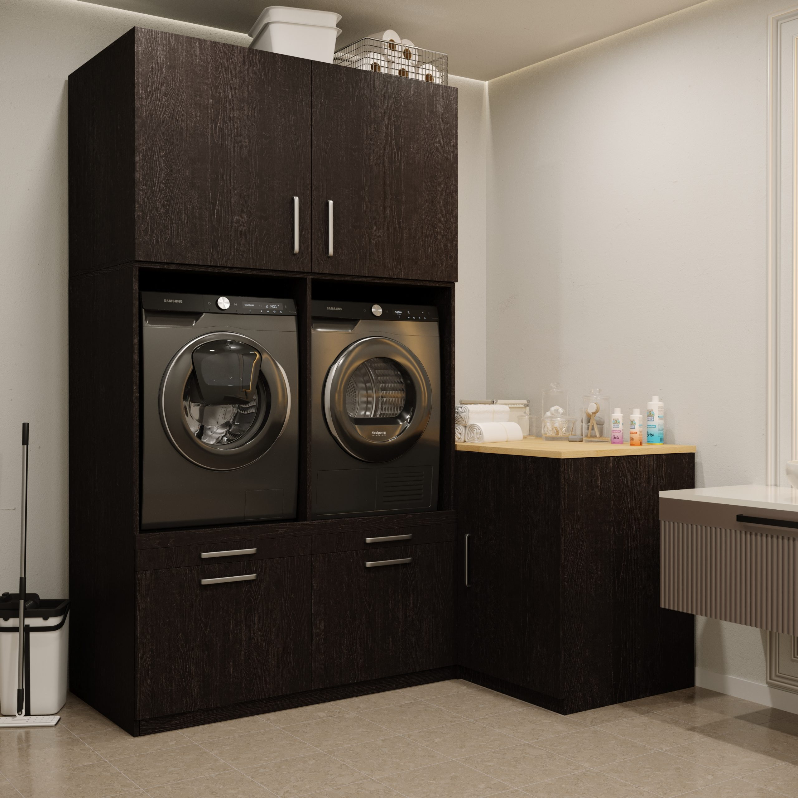 Waschküche mit Waschmaschinen, Trocknern und Schränken. Neutrale Töne und ein sauberes Design.