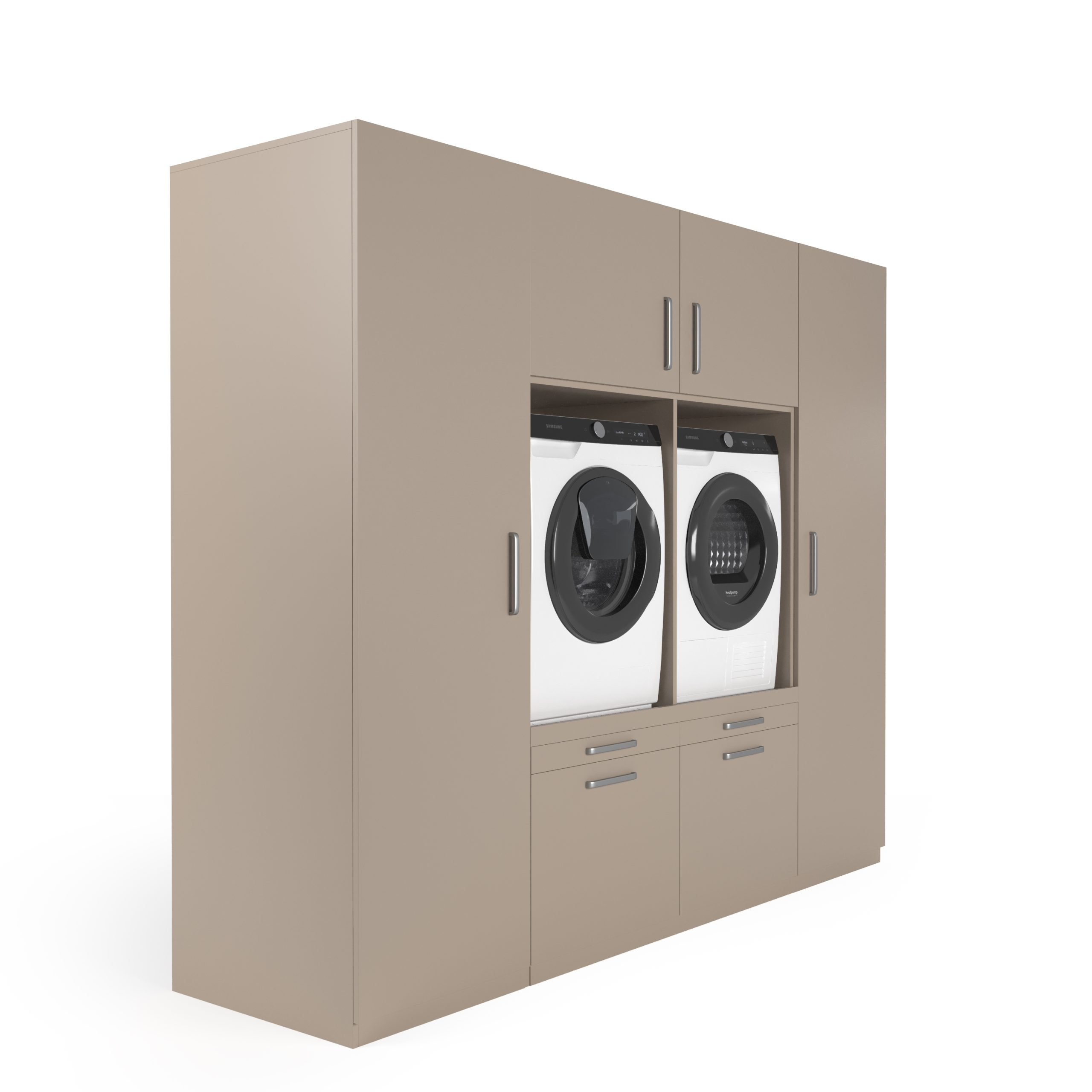 Beiger Wäschetrocknerschrank mit zwei Waschmaschinen und Trocknern. Einfaches Design mit silbernen Griffen.