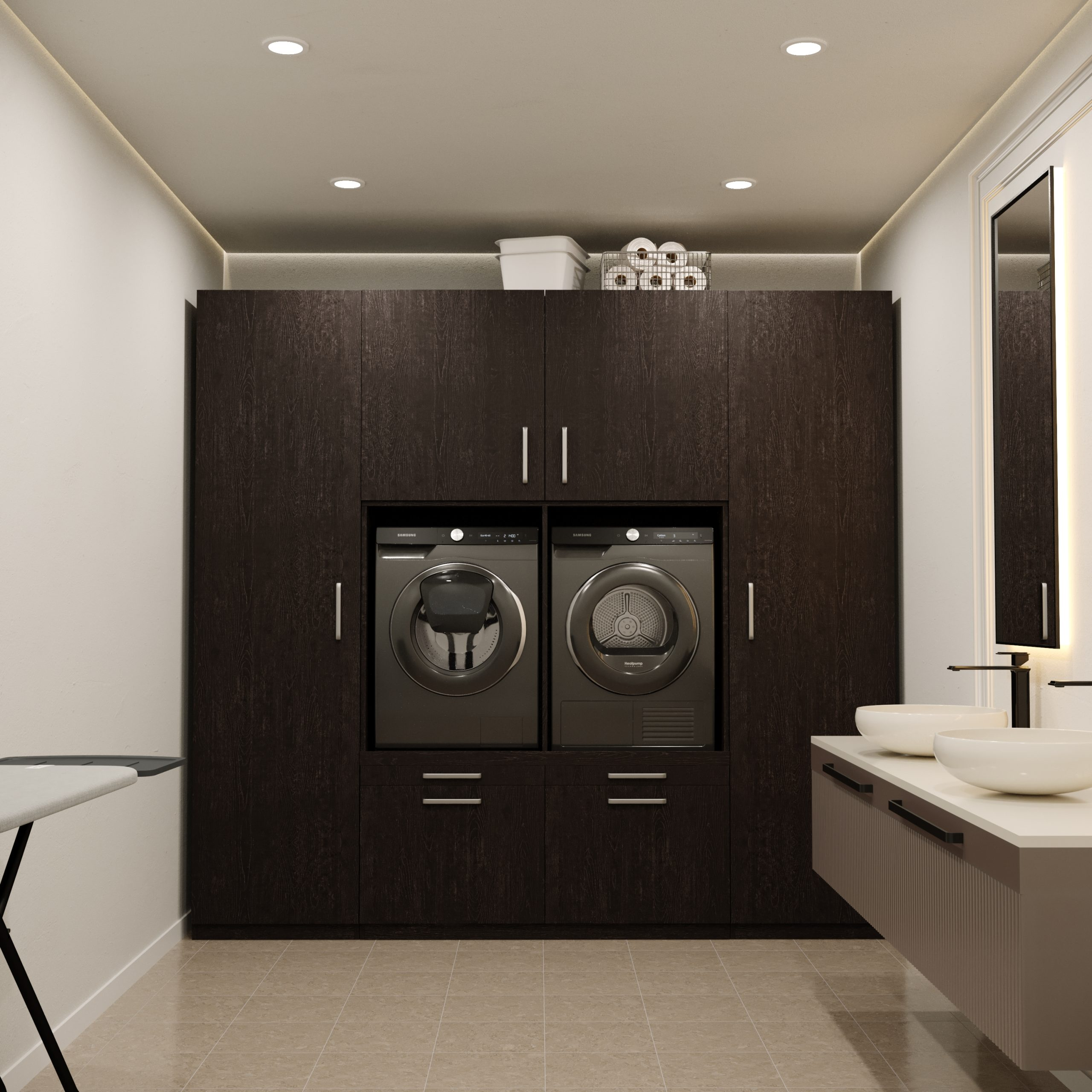 Dunkler Waschraum mit Waschmaschinen, Trocknern und Schränken. Modernes Design mit Spiegel.