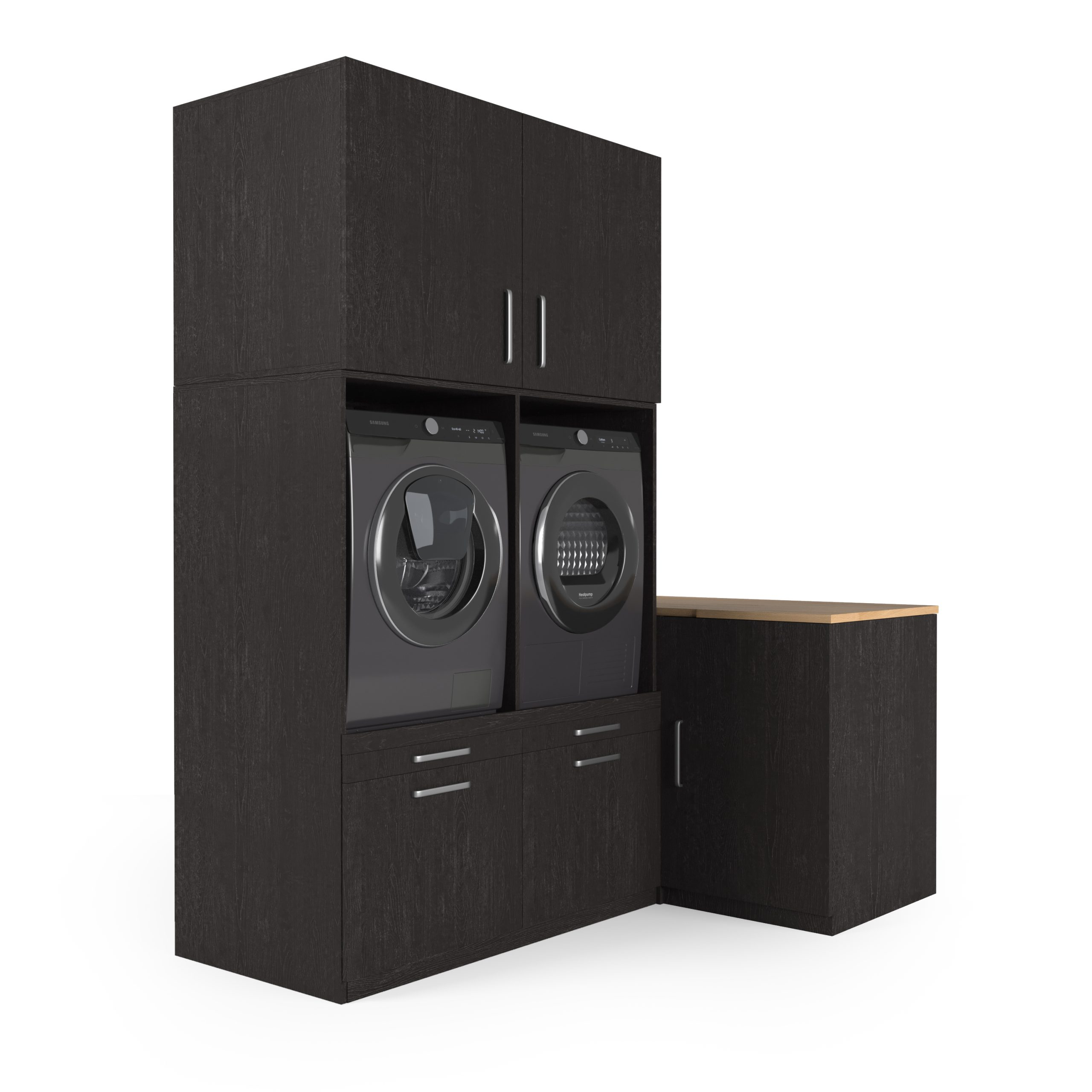 Dunkler Holz-Waschmaschinenschrank mit Waschmaschine/Trockner und einem angrenzenden Schrank. Weißer Hintergrund.
