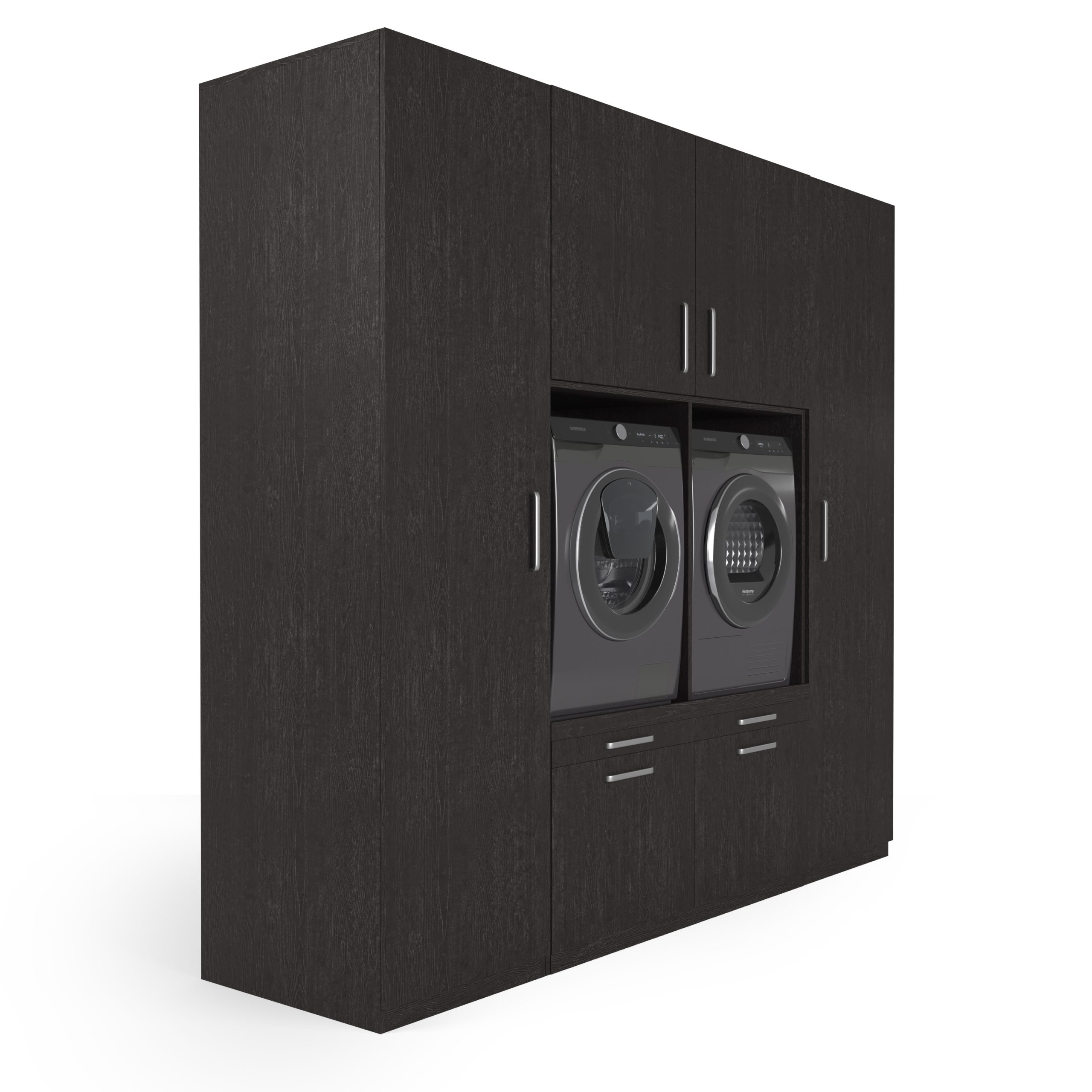Dunkelbrauner Wäschetrocknerschrank mit zwei Waschmaschinen und Trocknern.