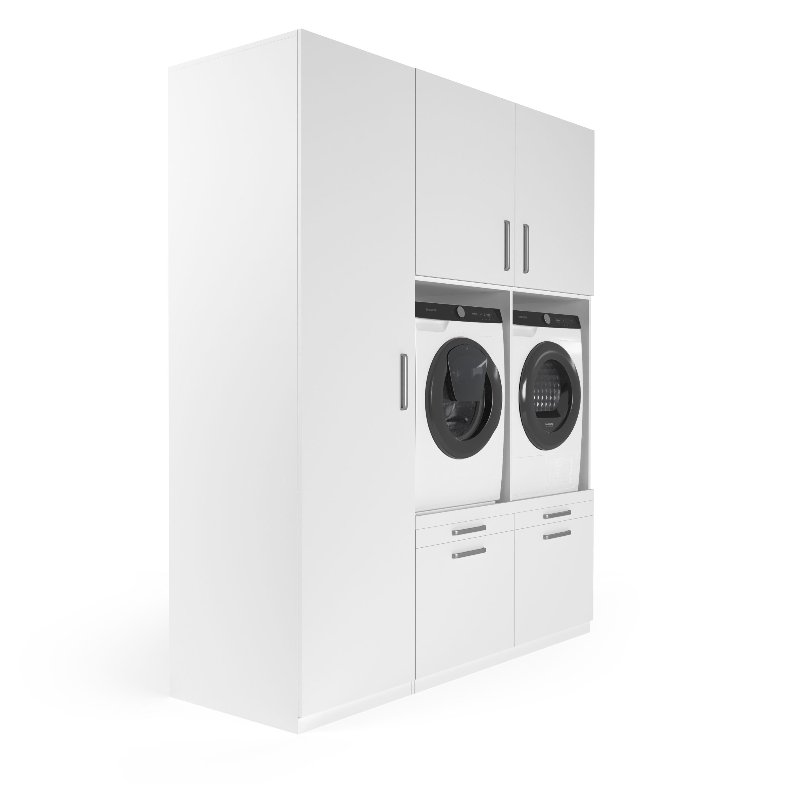 Weißer Wäschetrocknerschrank mit zwei Waschmaschinen und Trocknern. Sauberes weißes Design und silberne Griffe.