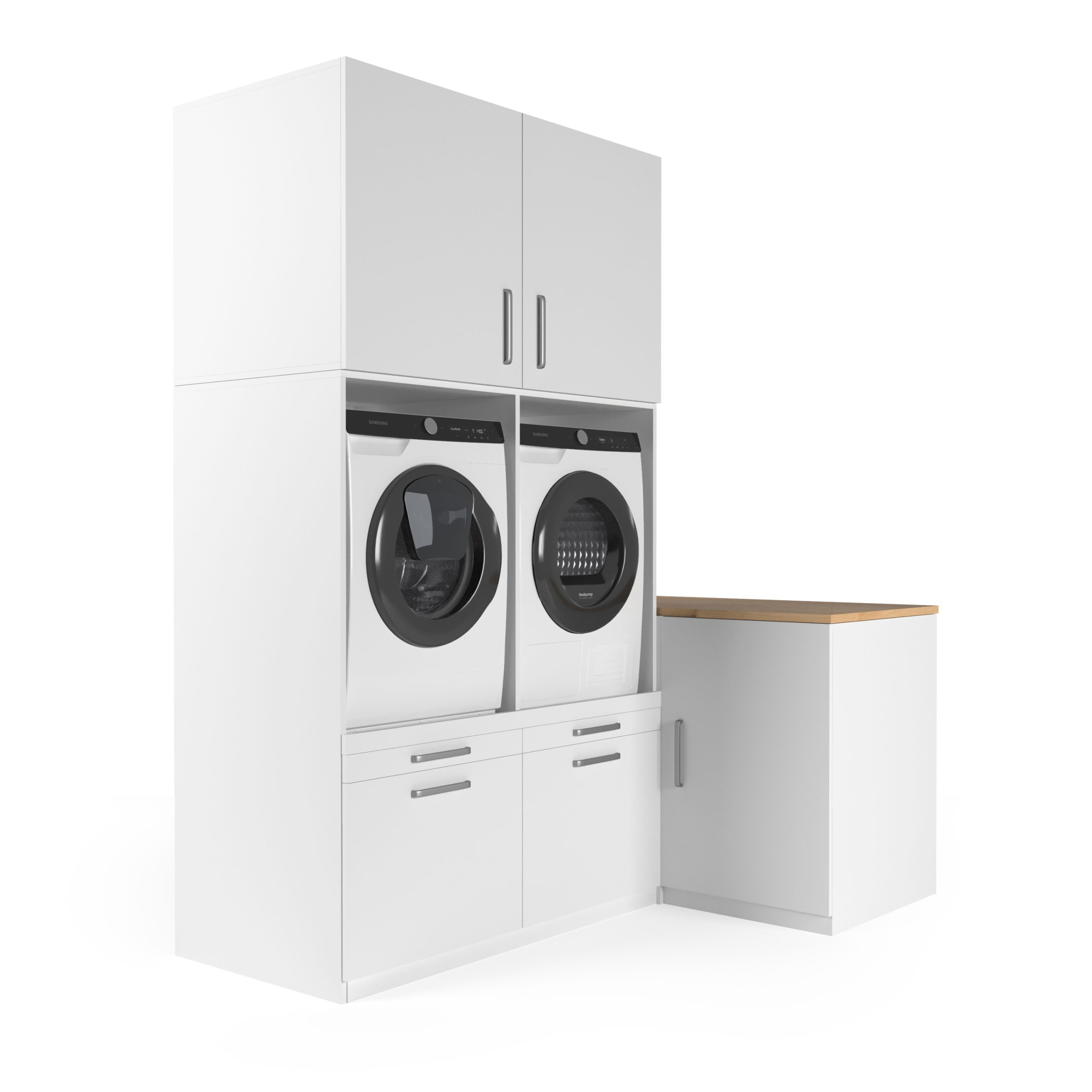 Weiße Waschküche mit weißen Schränken, Waschmaschine, Trockner und Holztheke rechts.