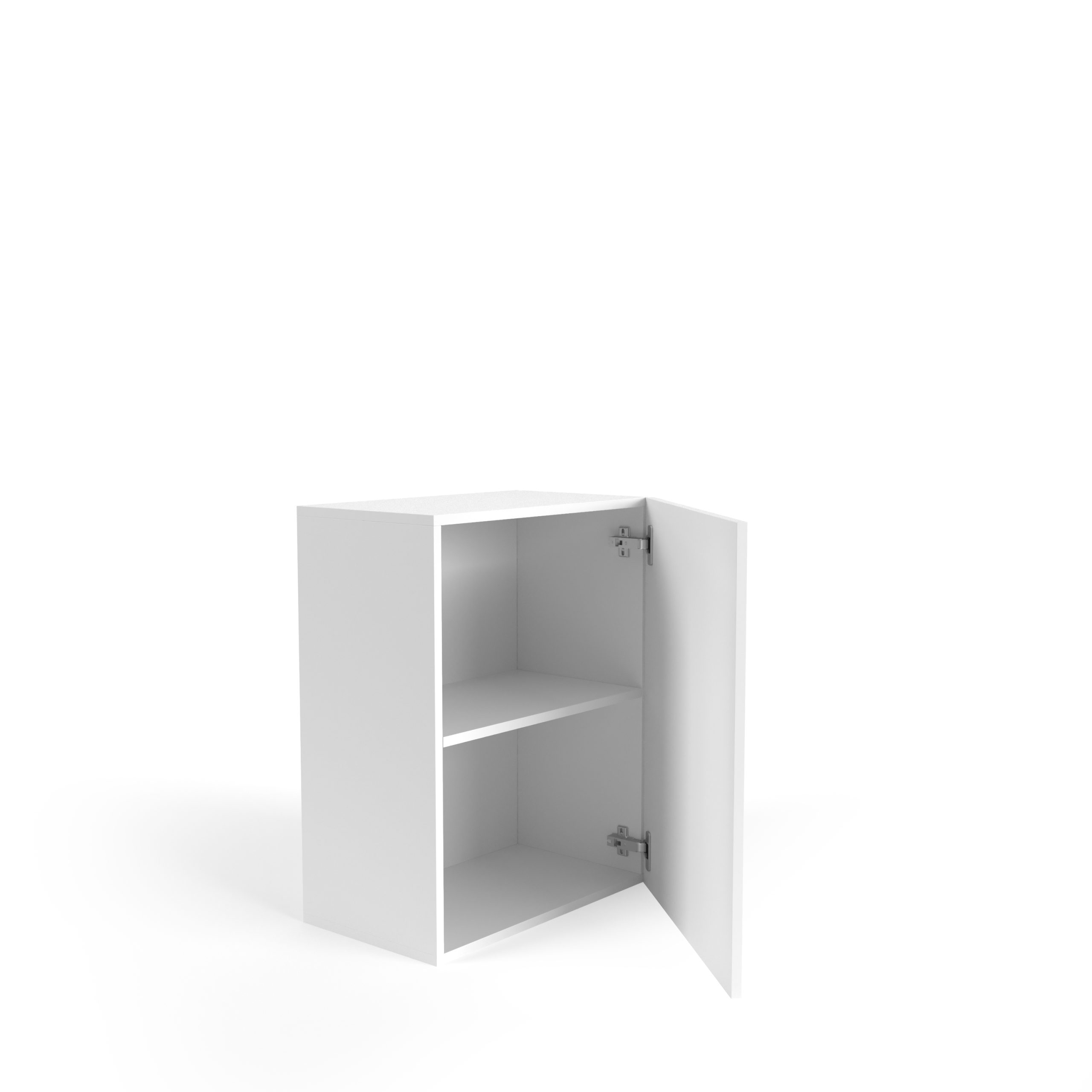 Weißer Schrank mit offener Tür, der Regale im Inneren zeigt. Silberne Scharniere.
