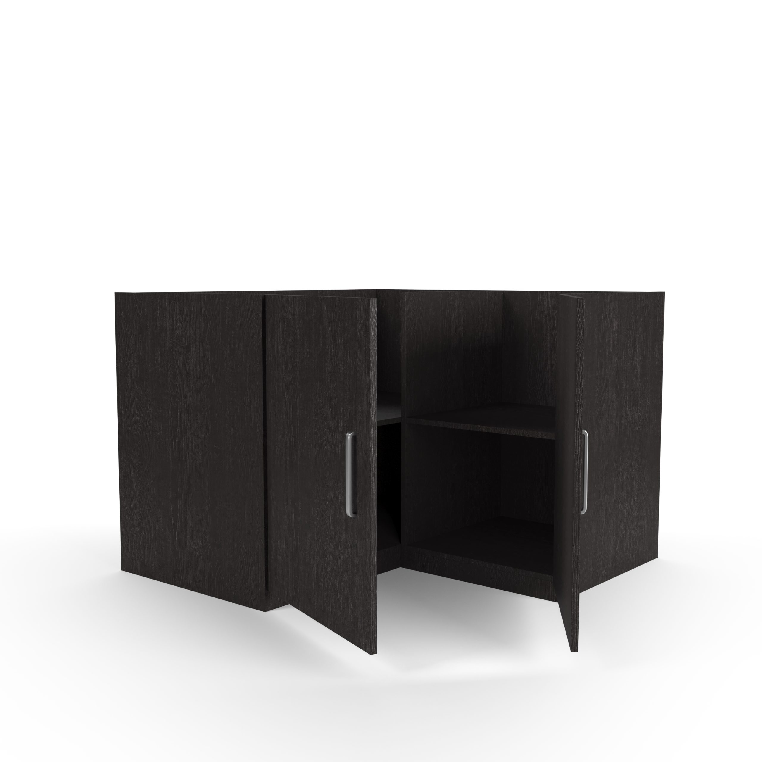 Dunkler Eckschrank aus Holz mit offenen Türen und Regalen. Silberne Griffe.