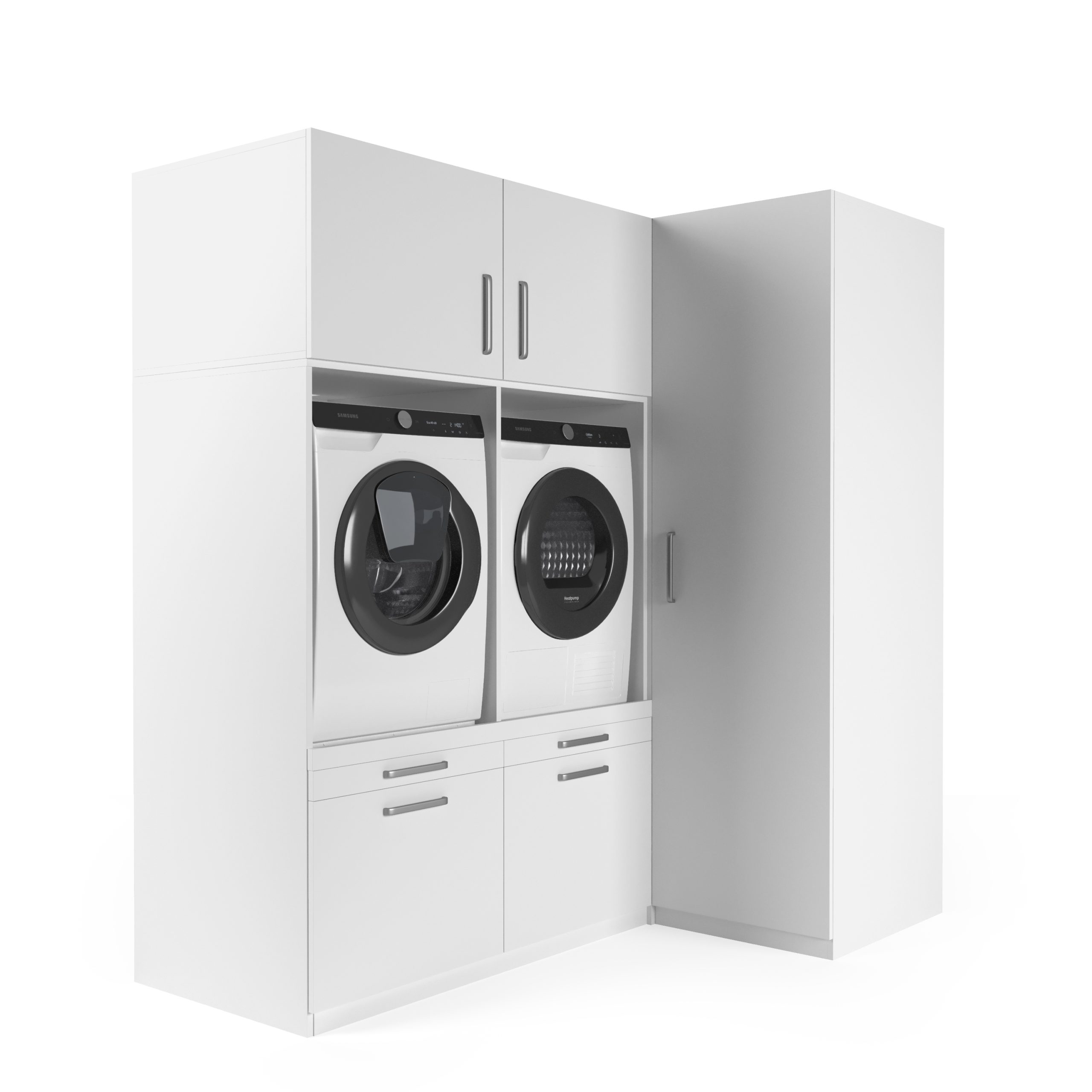 Weißes Wasch-Setup mit Waschmaschine und Trockner und angrenzendem Schrank auf weißem Hintergrund.