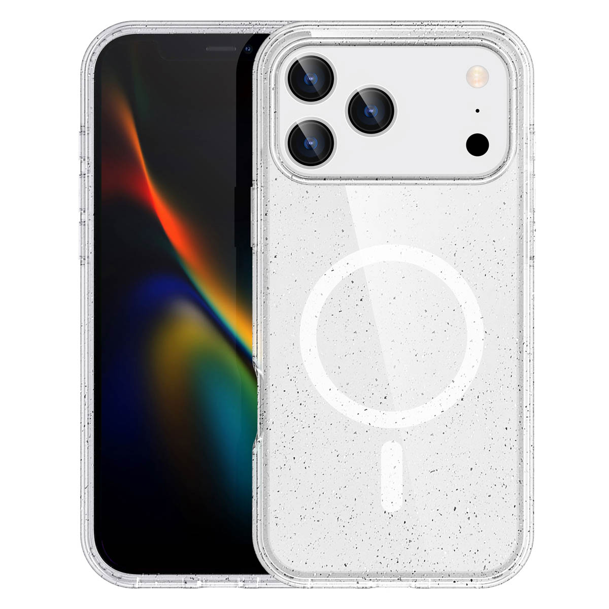 Telefoon met een doorzichtige hoes. De hoes toont een magnetische cirkel en een lijn.