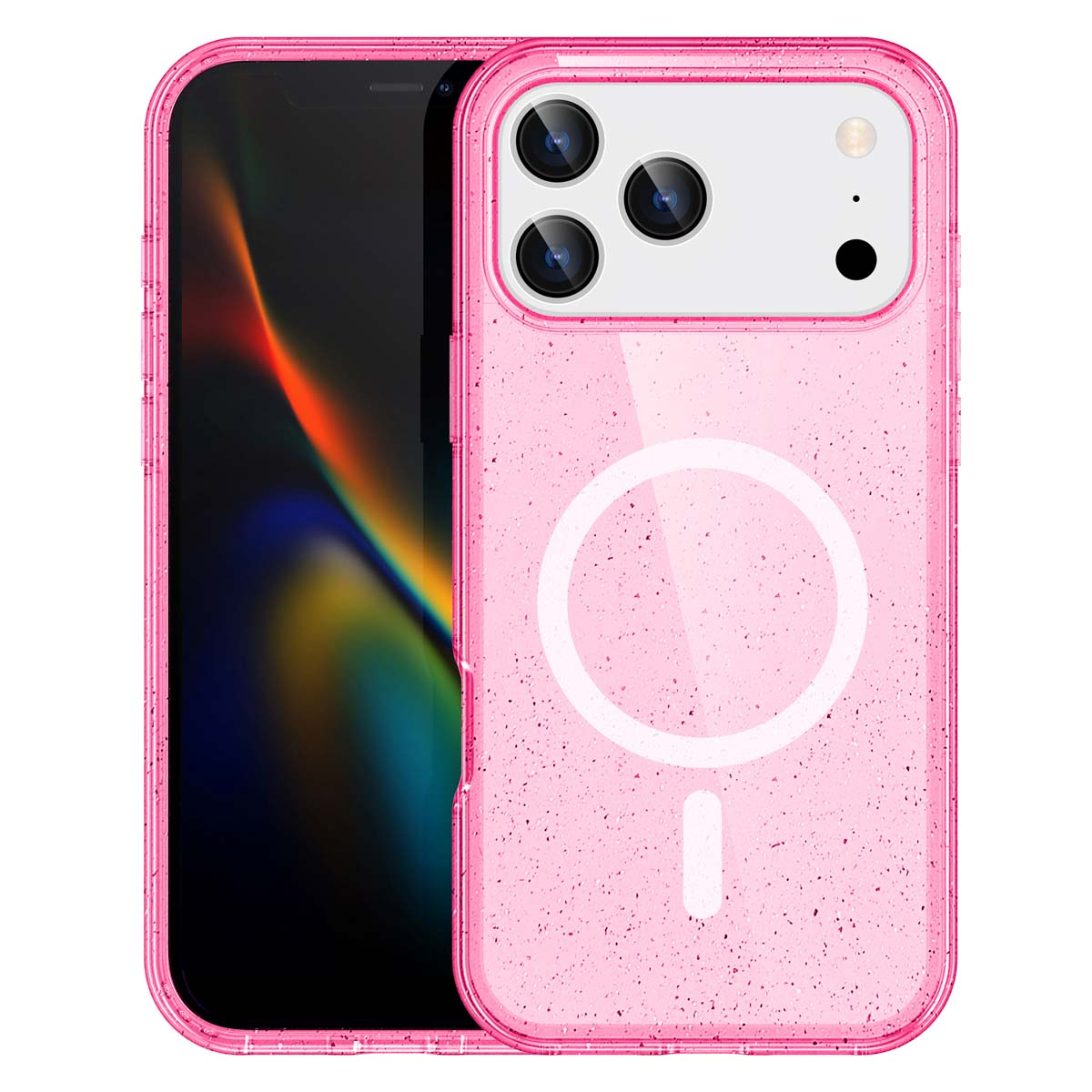 Roze telefoonhoes op een telefoon. De hoes heeft een magnetische cirkel en een lijn.