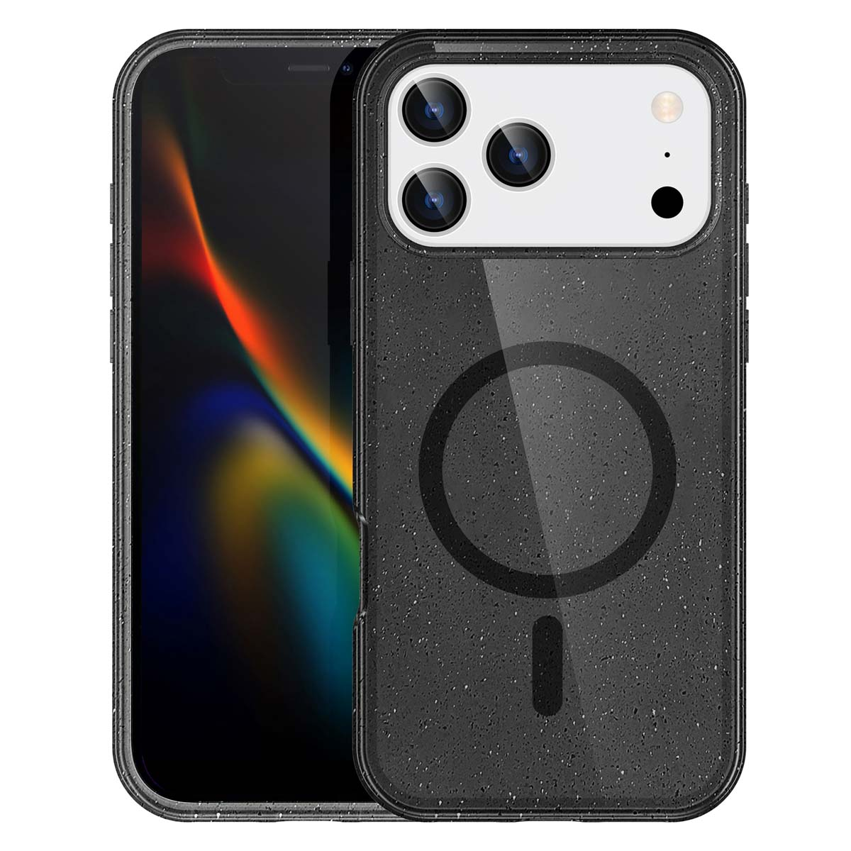 Téléphone noir avec un étui noir. L'étui a un cercle au milieu. L'écran a un fond abstrait coloré.