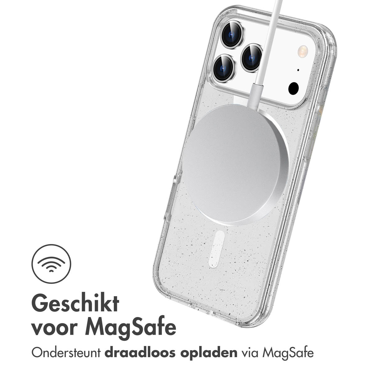 Een telefoon met oplader. De oplader is wit.