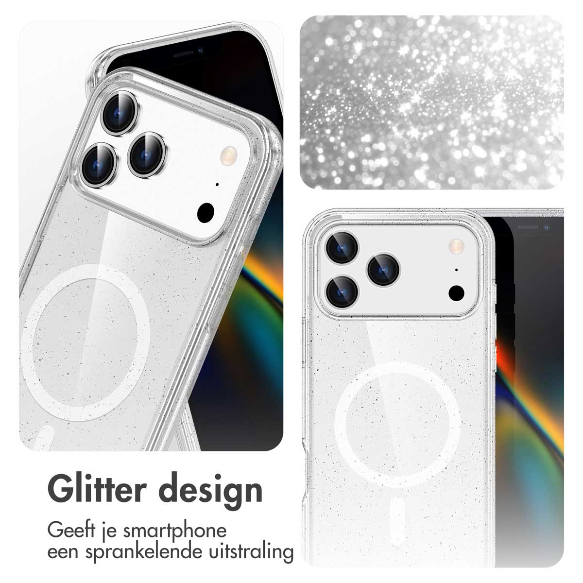 Deux images montrant un téléphone avec une coque à paillettes. Les coques sont de couleur claire.