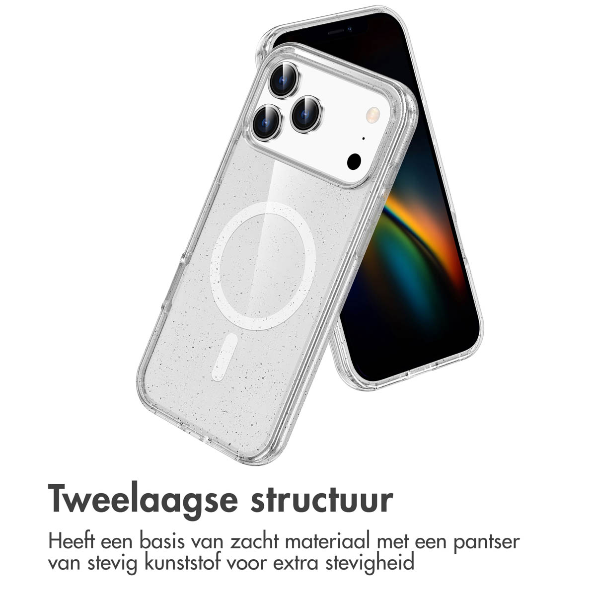 Un téléphone dans un étui transparent, avec un deuxième téléphone derrière. Le texte indique 'Structure à deux couches'.