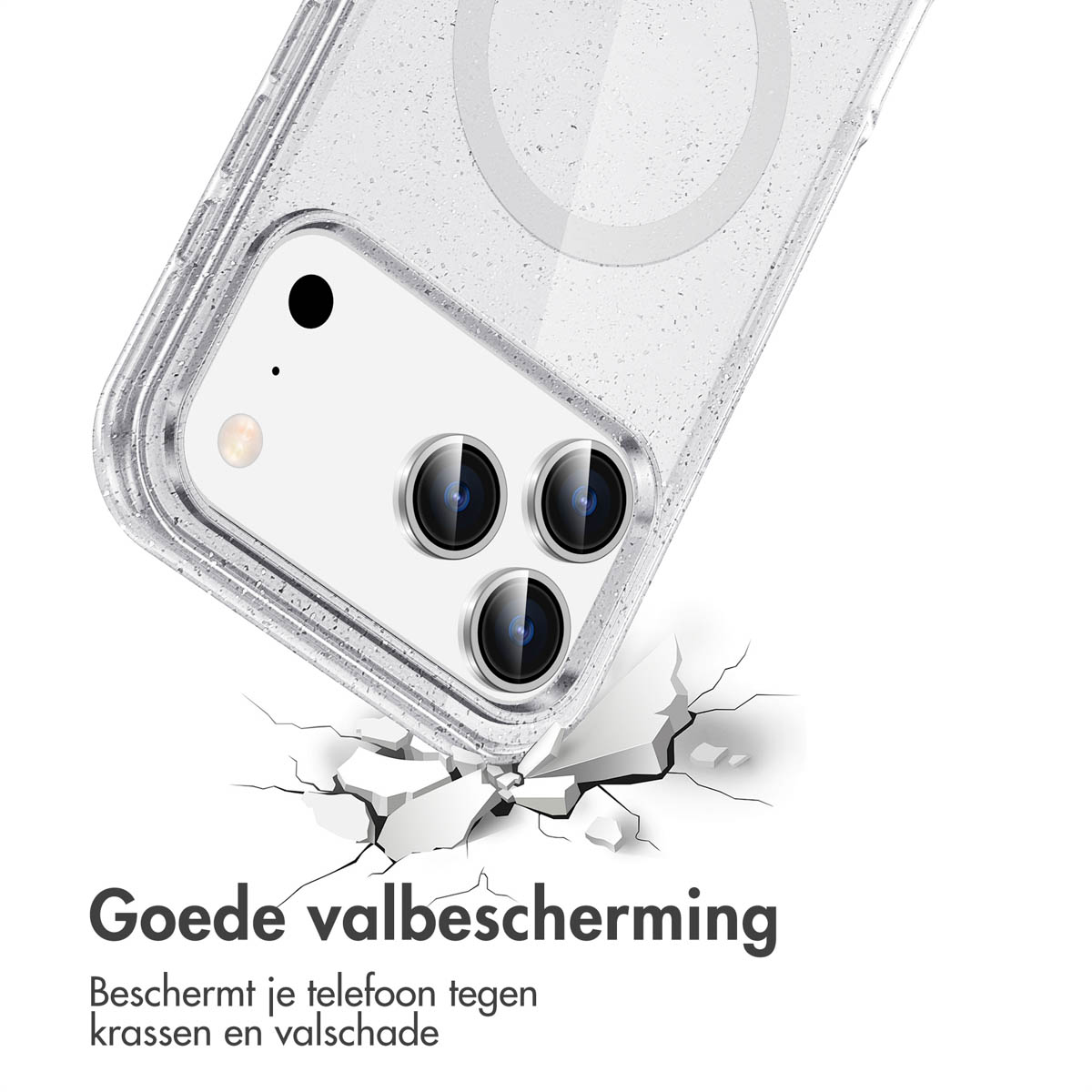 Une coque de téléphone transparente en biais, avec une surface fissurée en dessous. Le texte indique 'Bonne protection contre les chutes'.