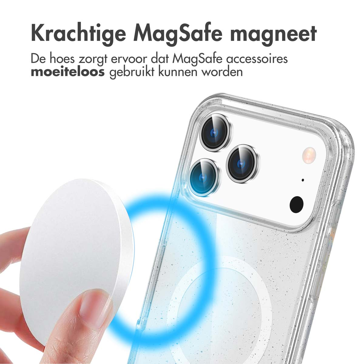 Een doorzichtige telefoonhoes met een witte schijf ernaast, tekst: 'Krachtige MagSafe-magneet'.
