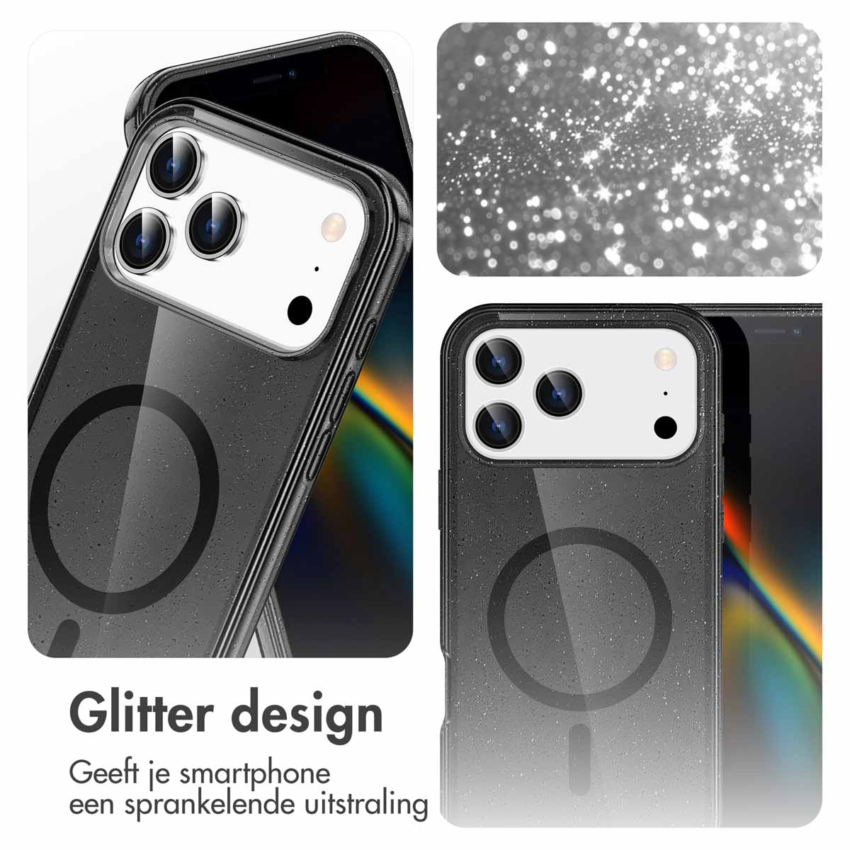 Gros plan d'un téléphone dans une coque sombre et scintillante, avec un design circulaire. Le téléphone a plusieurs caméras.