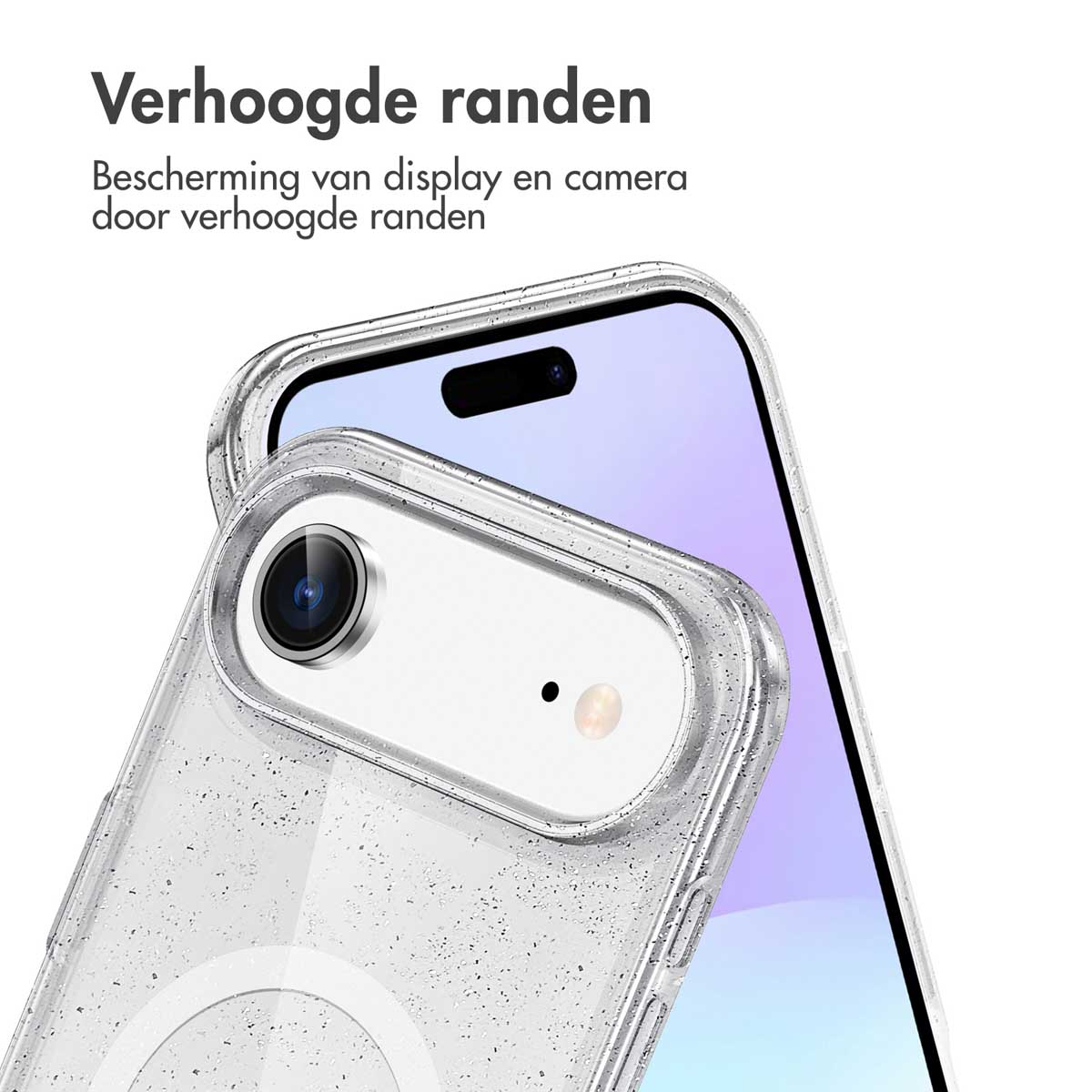 Een doorzichtige telefoonhoes met een telefoon erin. Tekst: 'Verhoogde randen'.