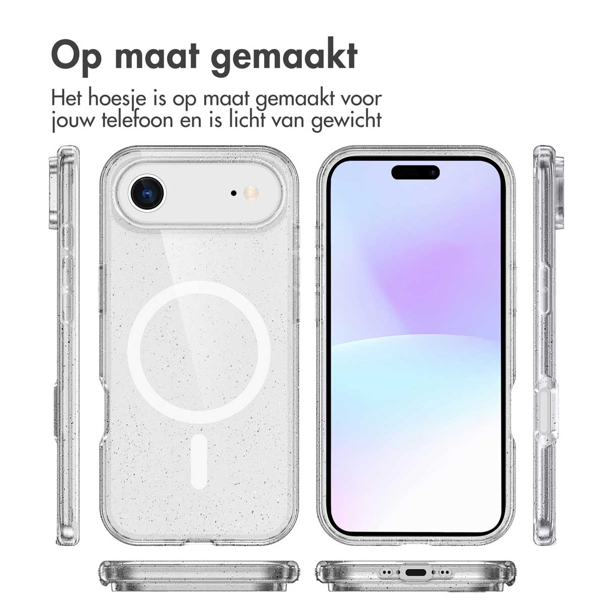 Afbeelding van telefoonhoesje. Toont voor-, achter-, boven- en zijaanzicht. Hoesje is transparant.