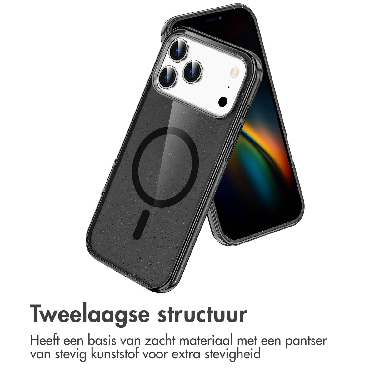 Un étui de téléphone noir avec un téléphone à l'intérieur. Il a un anneau MagSafe. Le texte dit : Twee. structuur.