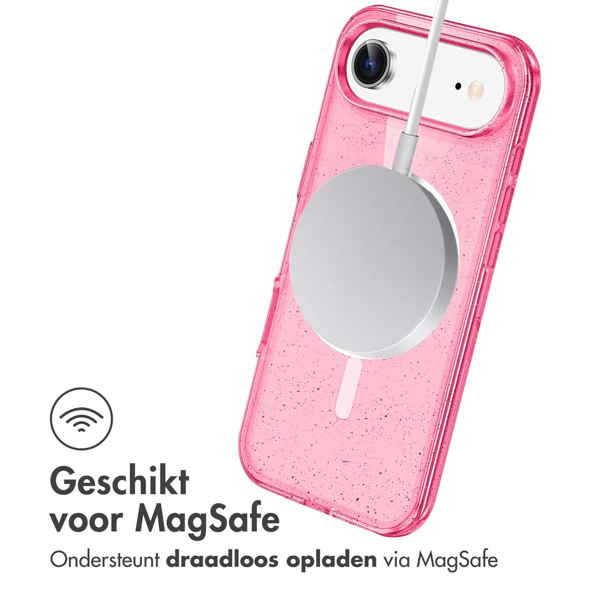 Een roze telefoonhoesje met een witte MagSafe-oplader bevestigd. Het toont het draadloos opladen.