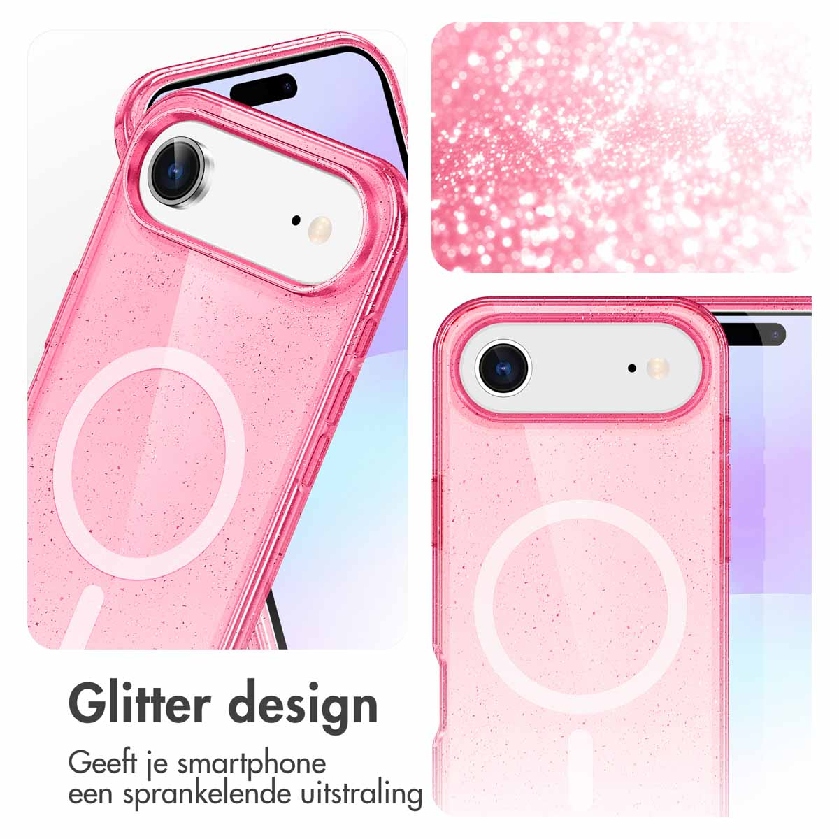 Roze telefoonhoesje met glitterontwerp. Twee aanzichten van de hoes en de telefoon. De hoes zit op de telefoon.