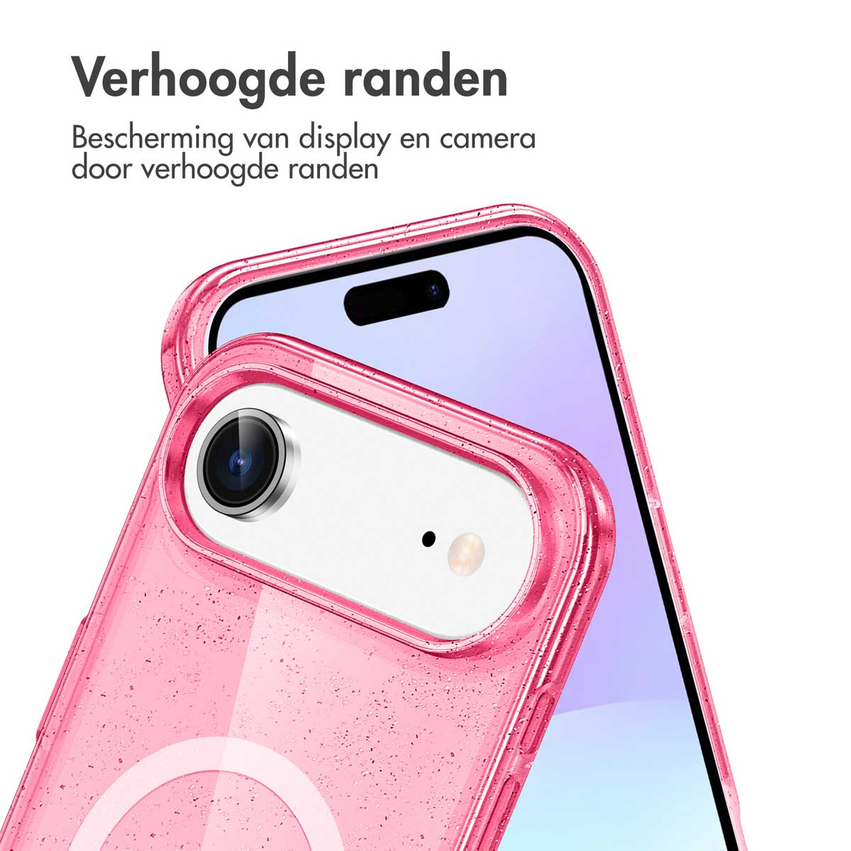 Een roze telefoonhoesje met glitter, dat een telefoon met een zichtbaar scherm beschermt.