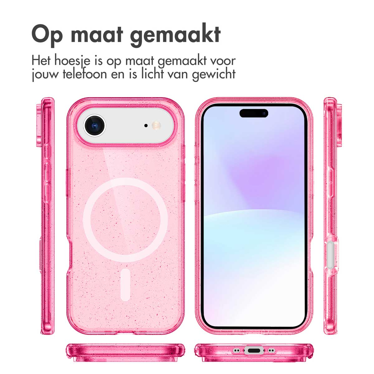 Twee telefoons, één in een roze hoesje, de andere erachter. Het roze hoesje heeft een doorzichtige MagSafe cirkel.