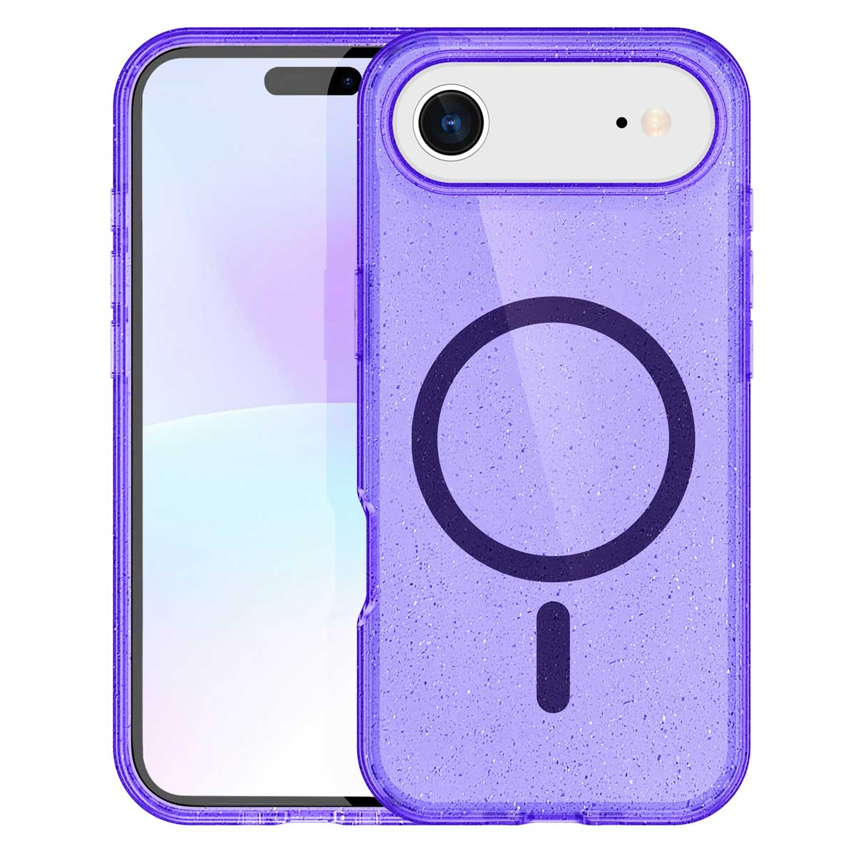 Een paarse glitter telefoonhoes met een telefoon erin. De hoes heeft een MagSafe-ring. De achtergrond is een telefoonscherm.