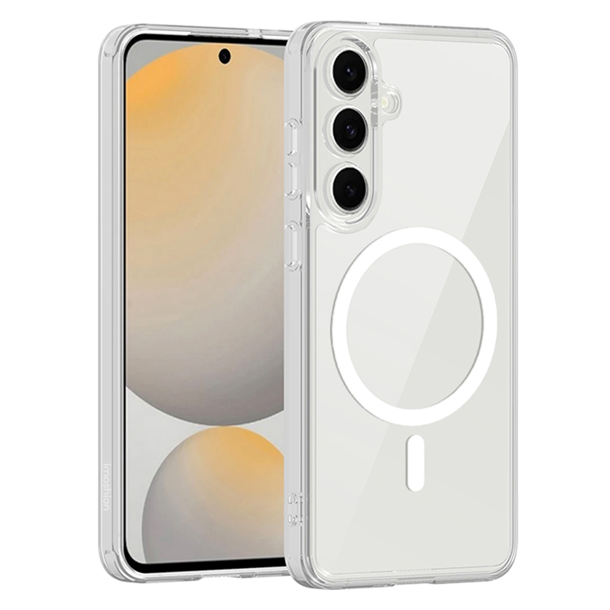 Een transparante telefoonhoes met een telefoon erin. De hoes heeft een witte MagSafe-ring. De achtergrond is een telefoon.