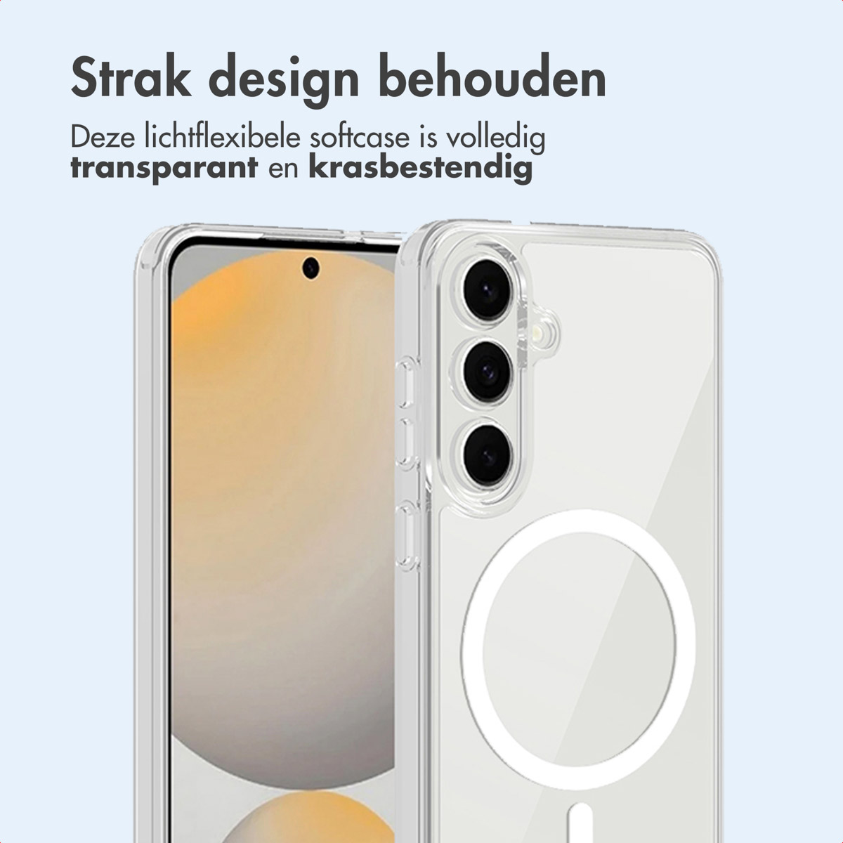 Een transparante telefoonhoes op een telefoon. De hoes is helder en heeft een cirkel op de achterkant.