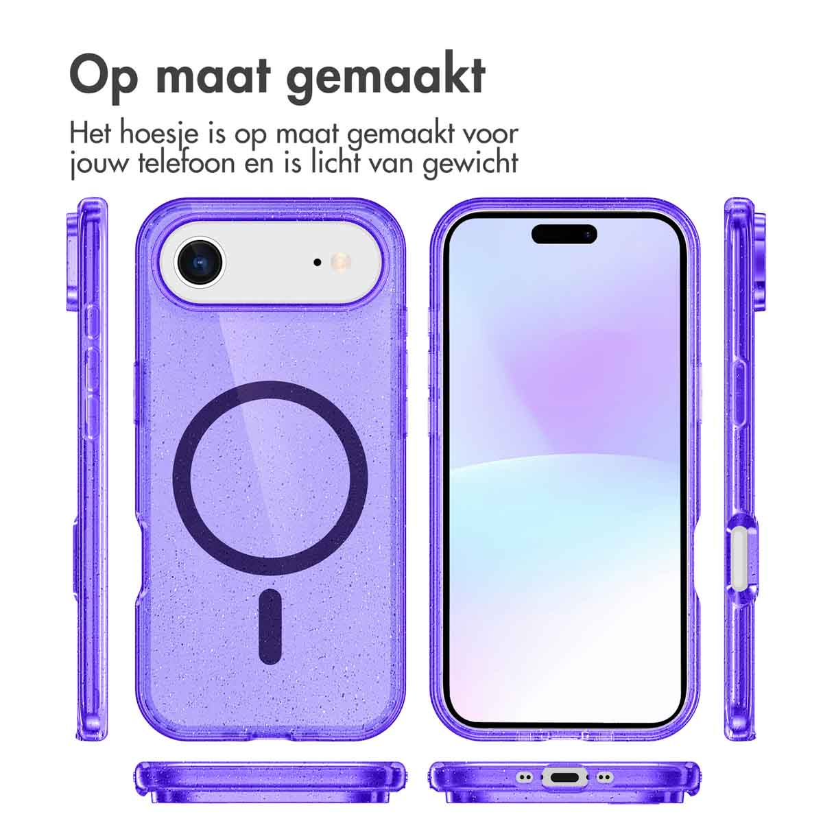 Een paarse glitter telefoonhoes en een telefoon worden getoond. Er worden meerdere weergaven van de hoes en de telefoon getoond.