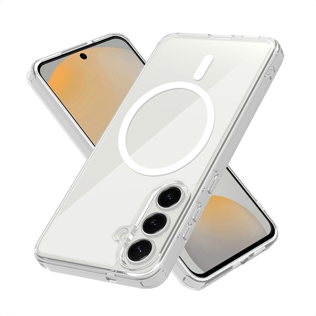 Een transparante telefoonhoes met een telefoon erin. De hoes heeft een witte MagSafe-ring. Een andere telefoon staat op de achtergrond.