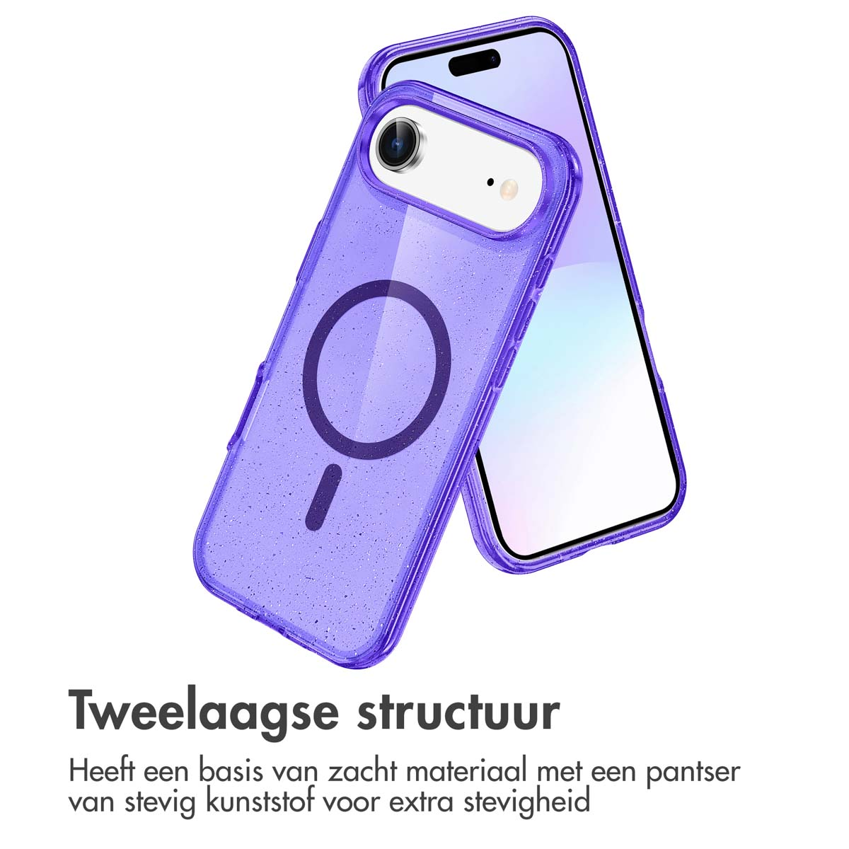 Een paarse telefoonhoes met een telefoon erin. De hoes heeft een tweelaagse structuur en een MagSafe-cirkel.
