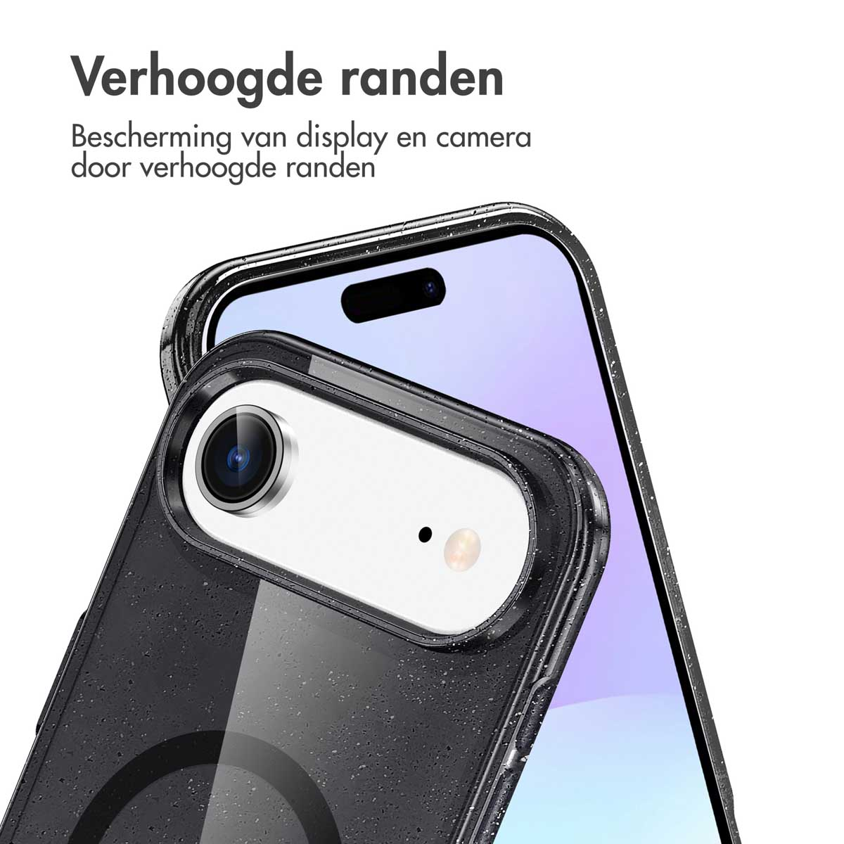 Een telefoon in een zwart glitterhoesje, met een cirkelvormig ontwerp. De hoes beschermt de telefoon.