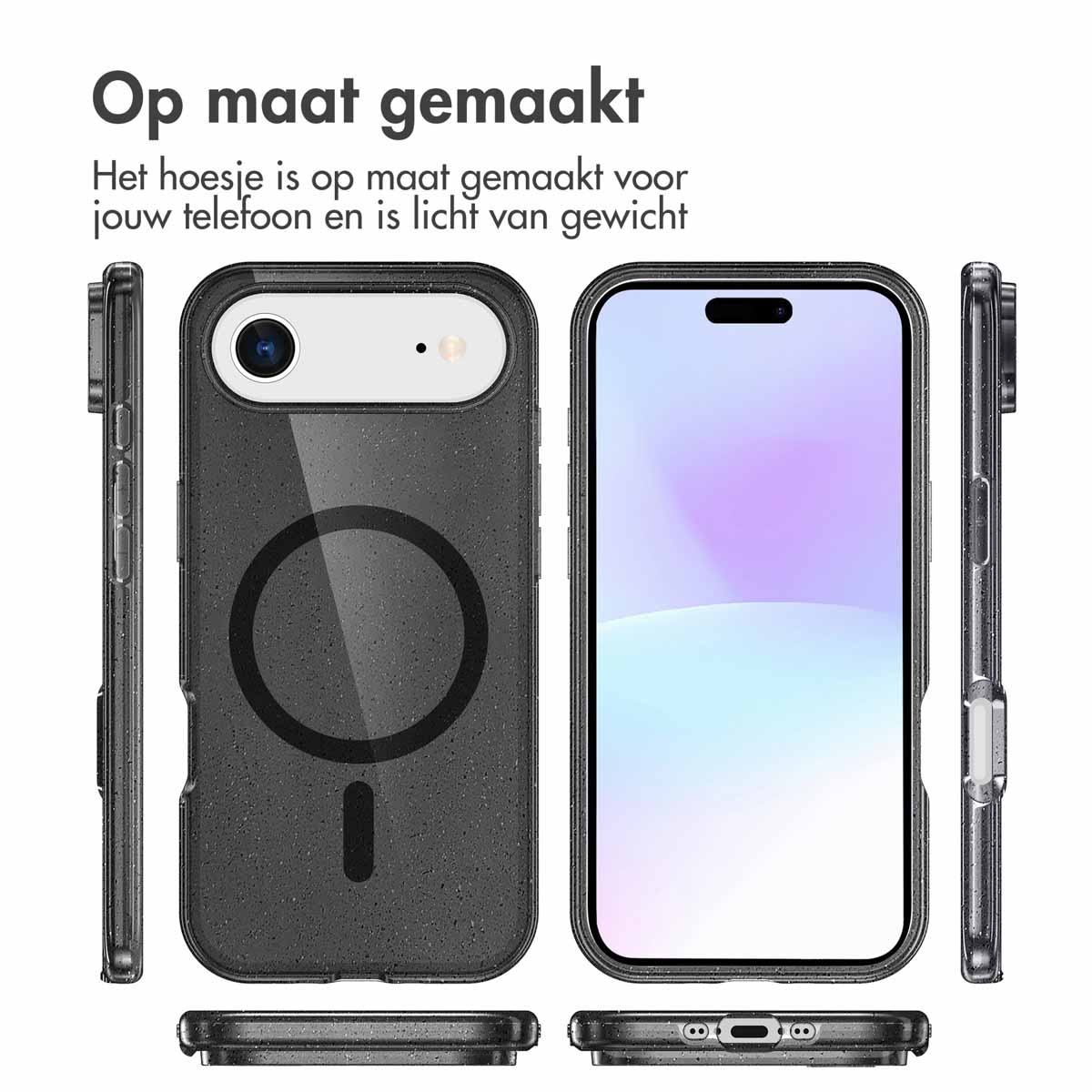 Paarse telefoonhoes met glitter, toont verschillende hoeken. De hoes heeft een MagSafe ring.