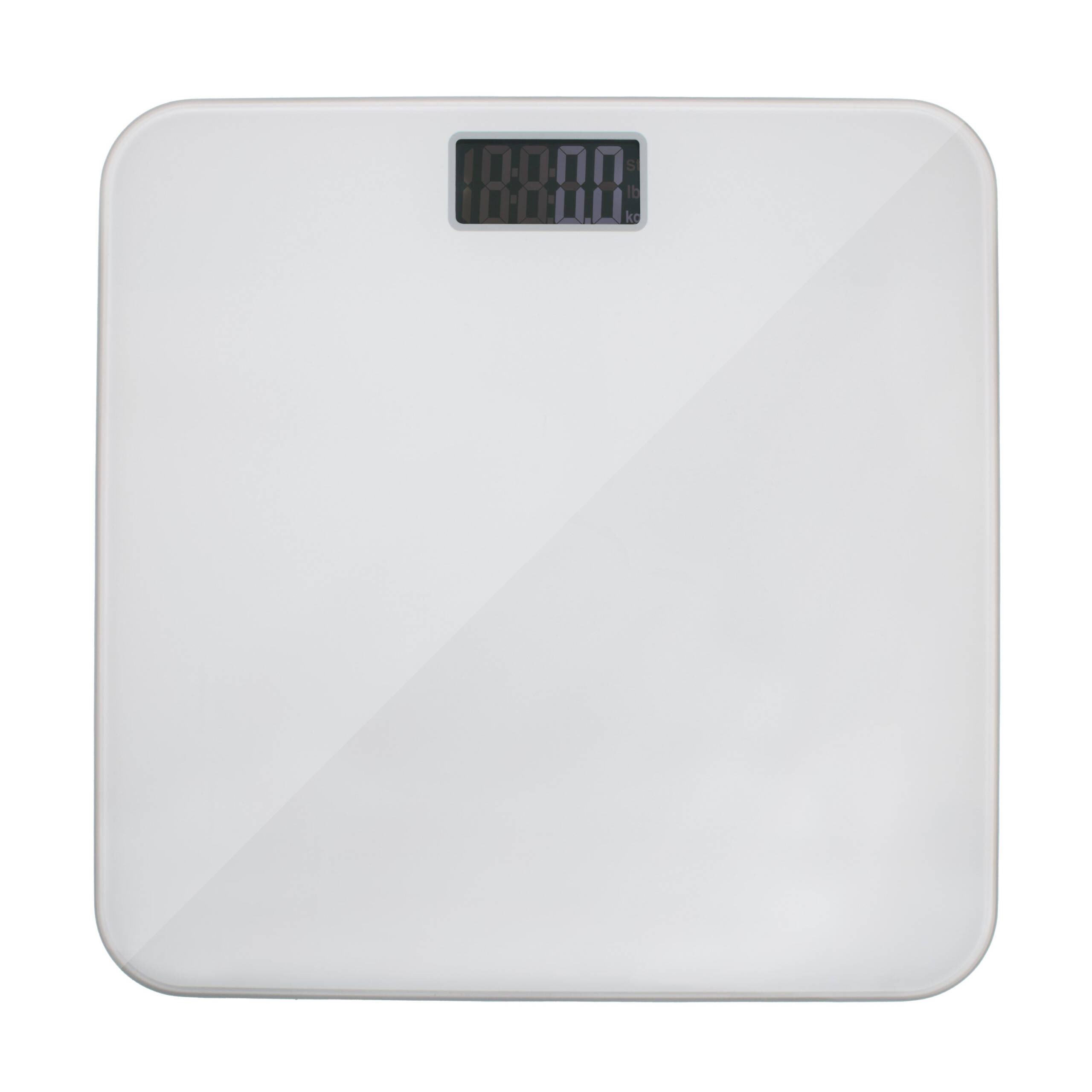 Weiße digitale Badezimmerwaage. Die Anzeige zeigt 0,0 kg. Sie ist auf weißem Hintergrund isoliert.