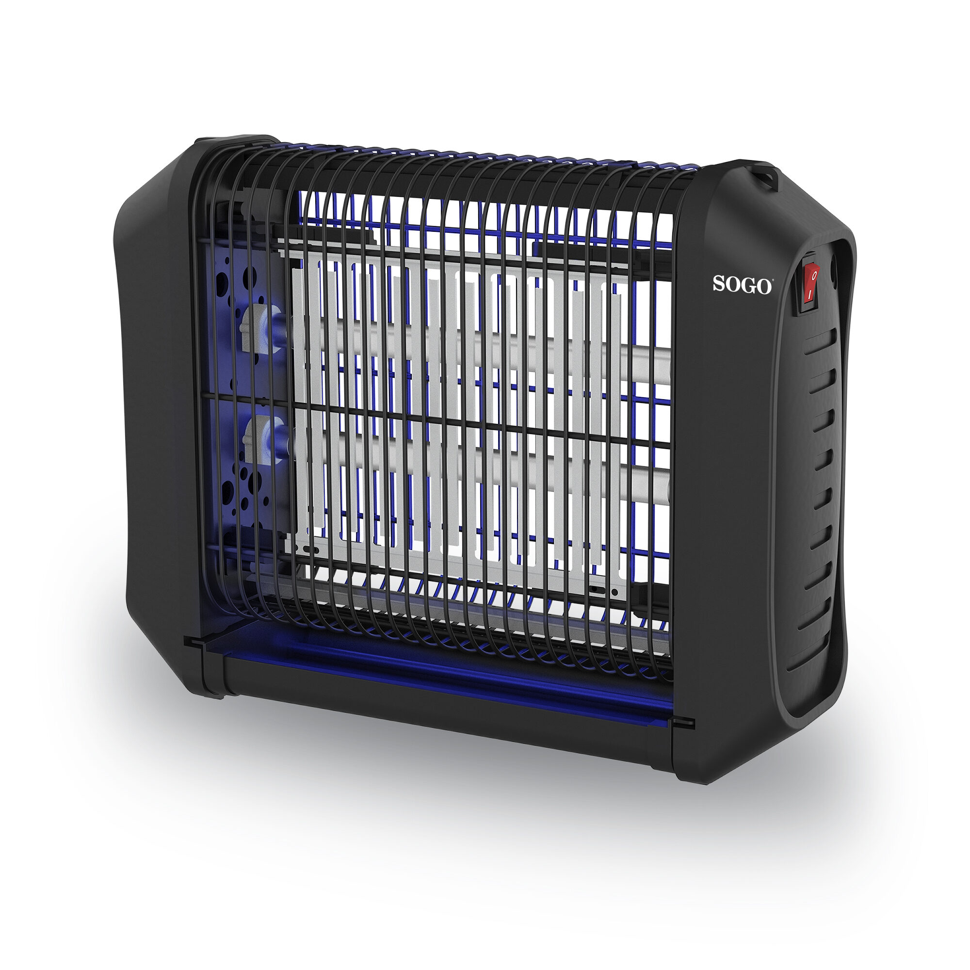 Matamoscas negro. Tiene un diseño rectangular, con luces azules y el logotipo de SOGO. Botón de encendido rojo.
