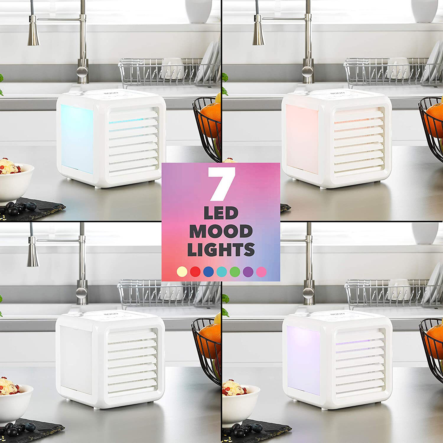 Enfriador de aire cúbico blanco con 7 luces LED de ambiente. Está sobre una encimera blanca. Una cesta de frutas está a la derecha.