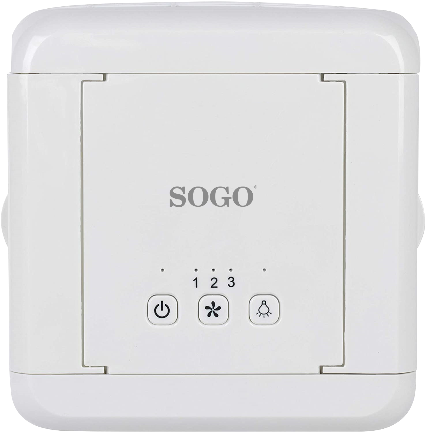 Panel de control de ventilador eléctrico blanco. Botón de encendido, controles de velocidad y luz.
