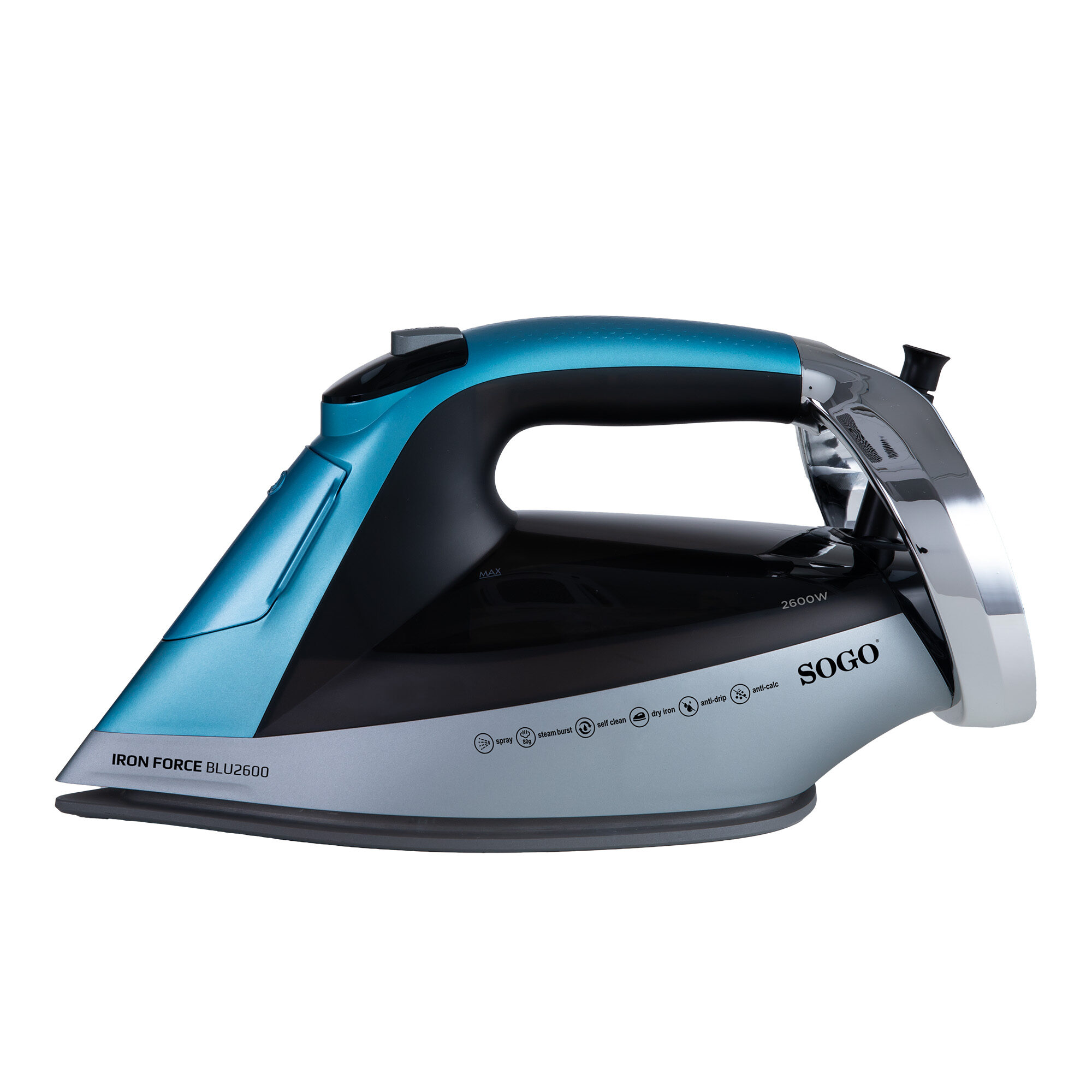 Una plancha SOGO azul y negra sobre fondo blanco. Tiene base y asa plateadas. El modelo es Iron Force BLU2600.
