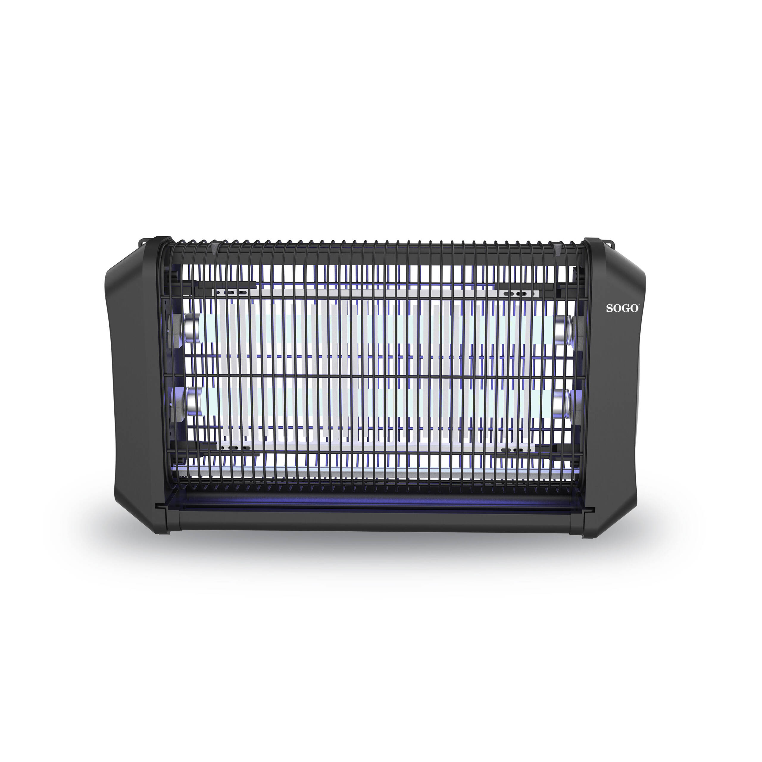 Matamoscas negro con diseño rectangular. Tiene luces azules en el interior y el logotipo de SOGO.