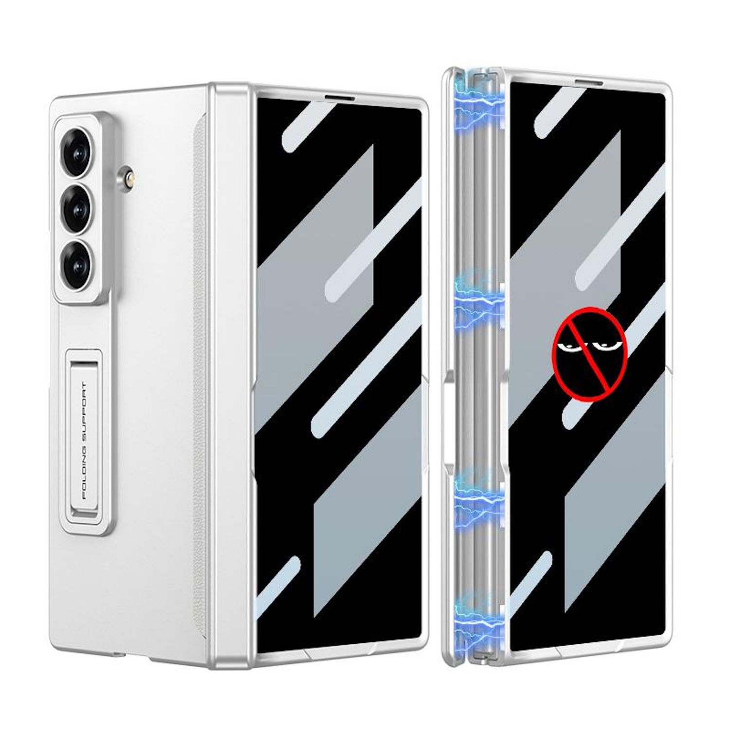Eine silberne Handyhülle mit einem Handy darin, teilweise geöffnet. Die Hülle ist weiß und schwarz.